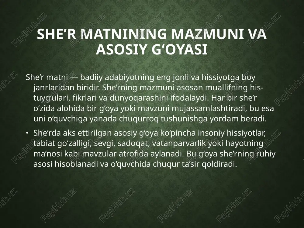 i adabiyot darslarida muhim o‘rin tutadi va o‘quvchilarning badiiy didini shakllantirishga xizmat qiladi. foydalanilgan adabiyotlar abdullaev, a. (2016). adabiyot nazariyasi va tahlili. toshkent: fan. karimov, s. (2018). badiiy asarni tahlil qilish metodikasi. toshkent: o‘qituvchi. mamatqulov, j. (2020). she’r va badiiy vositalar. toshkent: sharq. rasulov, b. (2019). pedagogik metodlar va adabiyot. toshkent: ta’lim. sobirov, t. (2017). adabiyot darslarida tahlil qilish ko‘nikmalari. toshkent: o‘quvchi. /docprops/thumbnail.jpeg