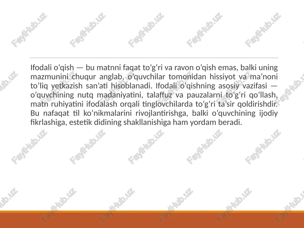 shu tariqa, ifodali o‘qish o‘quvchilarni umumiy madaniy va kommunikativ jihatdan yuksaltirishga xizmat qiladi. ifodali o‘qishga o‘rgatishda pedagogning roli va tavsiyalari ifodali o‘qishga o‘rgatishda pedagogning roli nihoyatda muhimdir. u nafaqat bilim beruvchi, balki yetakchi, yo‘l-yo‘riq ko‘rsatadigan murabbiy sifatida faoliyat yuritadi. pedagog o‘quvchilarga nafaqat texnik o‘qish qobiliyatini o‘rgatishi, balki ularni matn mazmunini anglash va ifodalashga rag‘batlantirishi kerak. o‘qituvchi o‘quvchilarning har birining nutq xususiyatlarini kuzatib, individual yondashuvni qo‘llashi lozim. masalan, ba’zi o‘quvchilar talaffuzda qiynalishi mumkin, boshqalari esa intonatsiya va pauzalarni to‘g‘ri ishlatishda muammoga duch keladi. shunday paytlarda pedagog sabr bilan xatolarni tuzatib, doimiy mashqlar orqali ularni to‘g‘rilashga harakat qilishi kerak. o‘qituvchi dars jarayonini qiziqarli, interaktiv usullarda tashkil qilishi, dramatizatsiya, o‘qishdan oldingi tayyorgarlik mashqlarini kiritishi, o‘quvchilarni guruh va individual ishlar bilan shug‘ullantirishi tavsiya etiladi. bu o‘quvchilarni ifodali o‘qishga yanada ko‘proq jalb qiladi va ularning nutq madaniyatini oshiradi. shuningdek, pedagog o‘z nutqini doimiy ravishda ifodali qilishga harakat qilishi, o‘quvchilar uchun namuna bo‘lishi kerak. bu orqali …
