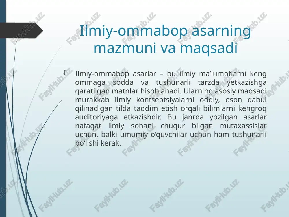 uncha hosil qilamiz. bunday asarlar ilm-fan yangiliklarini keng ommaga etkazishda, murakkab ilmiy ma’lumotlarni sodda va qiziqarli tarzda taqdim etishda asosiy vosita hisoblanadi. ilmiy-ommabop asarlarning tili tushunarli, tuzilishi mantiqiy va uslubi ommaviy bo‘lib, ular jamiyatda bilim saviyasini oshirishga xizmat qiladi. shu bois, ilmiy-ommabop matnlarni o‘rganish va tahlil qilish adabiyot darslarida, ilmiy ta’limda muhim ahamiyatga ega. foydalanilgan adabiyotlar abduqodirov, s. (2017). ilmiy ommabop asarlarni tahlil qilish metodikasi. toshkent: fan. karimov, n. (2019). ommabop ilmiy adabiyot. toshkent: ta’lim. matkarimov, b. (2020). ilm-fan va jamiyat: ilmiy-ommabop matnlar. toshkent: sharq. rasulov, d. (2018). adabiyot va ilmiy tahlil. toshkent: o‘qituvchi. sobirov, t. (2021). ilmiy adabiyot va uning turlari. toshkent: o‘zbekiston. /docprops/thumbnail.jpeg