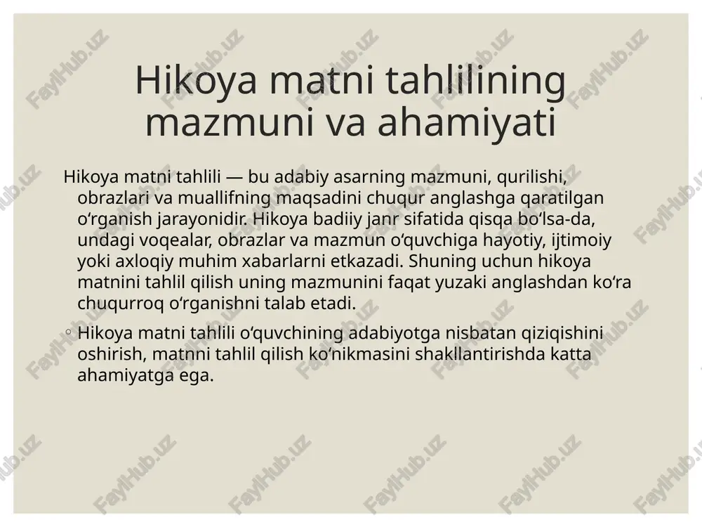 gini belgilovchi eng muhim omillardandir. uslub — bu muallifning til va badiiy vositalardan foydalanish usuli bo‘lib, unda obrazlarni yaratish, voqealarni tasvirlash, hissiyotlarni ifodalash yo‘llari o‘z aksini topadi. hikoya matnida qo‘llangan uslub o‘quvchining matnga bo‘lgan qiziqishini oshiradi va matn mazmunini yanada aniqroq yetkazadi. muallifning badiiy uslubi qatorida metafora, simvolika, tasviriy til vositalari, dialog va monologlar alohida o‘rin tutadi. har bir element hikoya mazmunini boyitadi, o‘quvchini chuqur o‘ylashga undaydi. muallifning til uslubi hikoyaning ruhiyatini, kayfiyatini yaratishda asosiy vosita hisoblanadi. hikoyaning mavzusi esa muallif aytmoqchi bo‘lgan asosiy fikr va hayotiy masalalarni o‘z ichiga oladi. mavzu — bu hikoyaning asosiy g‘oyasini anglashga yordam beruvchi yo‘nalishdir. hikoya mavzusi ko‘pincha insoniy munosabatlar, axloqiy masalalar, hayotiy ziddiyatlar yoki jamiyat muammolariga qaratilgan bo‘ladi. muallifning mavzu va uslubni uyg‘un qo‘llashi hikoyaning badiiy yuksakligini ta’minlaydi. bu esa o‘quvchi uchun asarning ta’sirchanligini oshiradi va uni o‘qishdan zavq olish imkonini beradi. xulosa hikoya matnini tahlil qilish o‘quvchilarga badiiy asarni chuqur tushunish, qahramonlar, …