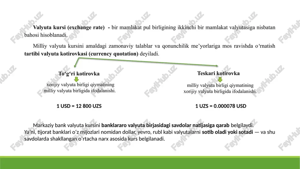 agi birja a'zolari uchun - diler sifatida davlat qimmatli qog'ozlari bilan operatsiyalarda hizmat ko'rsatish funkciyalarini bajarish uchun markaziy bank bilan shartnoma eki bosh bitim tuzish; birja a'zolari treyderlari uchun - mahsus kurslarda o'qishni, shuningdek o'zrvbda amaliet o'tganligini tasdiqlovchi treyder sertifikati mavjudligi. birja a'zosi yuqoridagi barcha talablarni bajargandan so'ng, savdo tizimida ro'yhatdan o'tkaziladi va identifikaciya kodi beriladi. birja a'zosi nomidan uning treyderi savdolarda qatnashish huquqiga ega. treyderga birjaning ichki hujjatlariga muvofiq savdolarda qatnashish huquqi beriladi. oʻzbekiston respublikasining qonuni “valyutani tartibga solish toʻgʻrisida”gi oʻzbekiston respublikasi qonuni 4-modda. valyuta kursi — chet el valyutasining oʻzbekiston respublikasi valyutasiga nisbatan kursi; 8-modda. valyuta kursi oʻzbekiston respublikasi hududida chet el valyutasini sotib olish va sotish boʻyicha operatsiyalarda valyuta kursi chet el valyutasiga boʻlgan talab va taklifdan kelib chiqib, shartnomaviy asosda belgilanadi. oʻzbekiston respublikasi valyutasining chet el valyutasiga nisbatan kursini aniqlashda faqat bozor mexanizmlaridan foydalaniladi. markaziy bank chet el valyutasini sotib olish va sotish tartibini belgilashda chet …