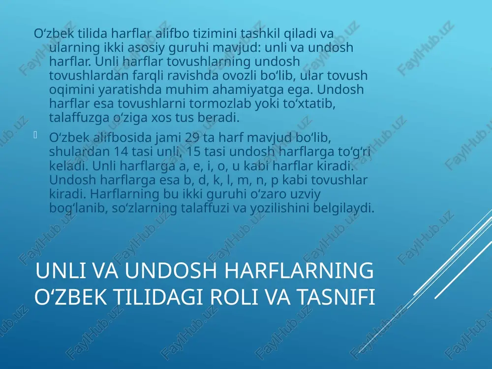 mloda noto‘g‘ri yozishga sabab bo‘lishi mumkin. masalan, “s” va “z” harflari talaffuzda o‘xshash bo‘lsa-da, yozuvda ularning o‘rni farqlanadi. unli va undosh harflarning o‘zaro ta’siri va imlo qoidalarida qo‘llanilishi unli va undosh harflar o‘zbek tilida bir-biri bilan uzviy bog‘liq bo‘lib, ularning o‘zaro ta’siri talaffuz va yozuvda ko‘p qoidalarni yuzaga keltiradi. unli va undoshlarning to‘g‘ri yozilishi tilning aniq, ravon va madaniyatli ifodasini ta’minlaydi. masalan, so‘zda undosh harflarning ko‘payishi yoki unli harflarning o‘zgartirilishi talaffuzni o‘zgartiradi, bu esa yozuvda qoidalar asosida aks ettirilishi kerak. ba’zi qo‘shimchalarning yozilishida undosh harflarning o‘zgarishi yoki unli harflarning uyg‘unlashuvi qoida sifatida qabul qilinadi. tilimizda unli va undosh harflar o‘rtasidagi uyg‘unlashuv – assimilyatsiya jarayoni mavjud bo‘lib, bu yozuvda ham o‘z ifodasini topadi. masalan, “kitob” so‘zida undosh “t” harfi unli “o” bilan birgalikda talaffuzda biroz yumshaydi va bu yozuvda o‘z aksini topadi. shuningdek, unli va undosh harflarning o‘zaro munosabatlari fonetik qonunlar bilan bog‘liq bo‘lib, imlo qoidalarida ko‘plab istisnolar va alohida holatlar …