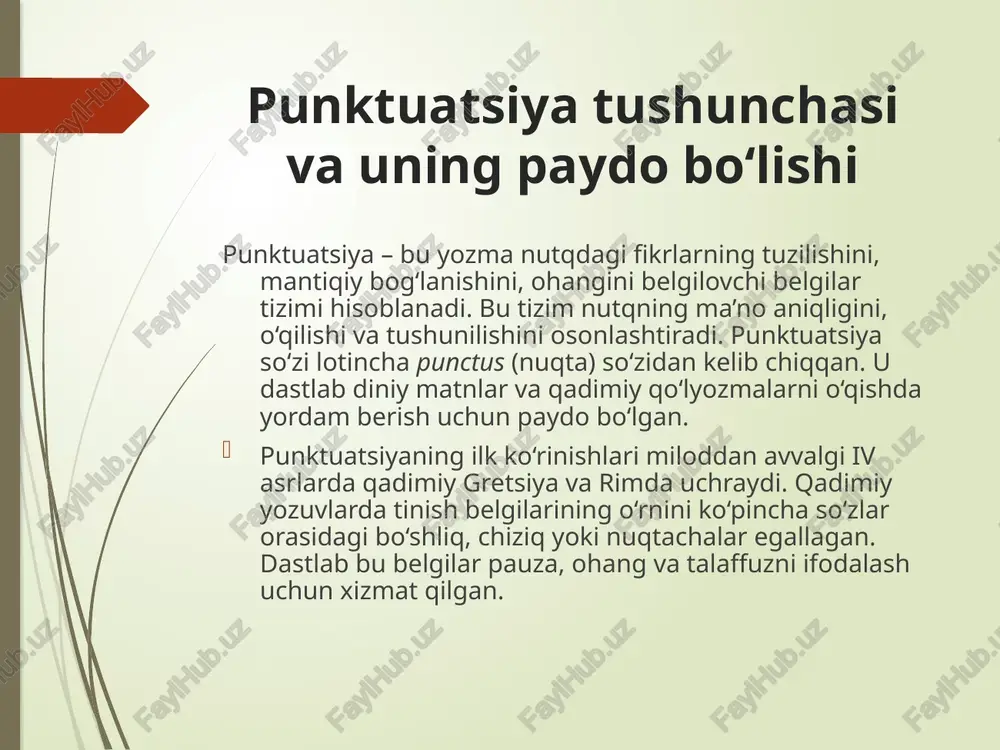 idalariga ega, darslik va uslubiy qo‘llanmalarda keng yoritilgan. barcha ta’lim bosqichlarida punktuatsiya savodxonlikning asosiy mezoni sifatida qaraladi. tinish belgilarining asosiy turlari va ularning vazifalari o‘zbek tilida tinish belgilari grammatik va uslubiy jihatdan muhim ahamiyatga ega bo‘lib, ular yordamida fikr to‘g‘ri va tushunarli tarzda ifodalanadi. tinish belgilarining asosiy turlari quyidagilardir: nuqta, vergul, savol belgisi, undov belgisi, ikki nuqta, chiziq, nuqtali vergul, qavs, qo‘shtirnoq, ellipsis (uch nuqta). nuqta (.) gap oxirida qo‘yiladi va fikrning yakunlanganini bildiradi. shuningdek, qisqartmalar oxirida ham ishlatiladi. masalan: “u kitob o‘qidi.”, “tatu, o‘zr.” vergul (,) esa gapdagi so‘z bo‘laklarini ajratishda, bir xil gap bo‘laklari orasida, qo‘shma gaplarda, kirish so‘zlardan keyin qo‘llaniladi. misol: “ona, ota va bola bog‘ga bordilar.” savol belgisi (?) savol gaplar oxirida qo‘yiladi. u yordamida so‘roq mazmunidagi gaplar ifodalanadi: “siz maktabga bordingizmi?” undov belgisi (!) his-tuyg‘u, buyruq, hayrat va undov ohangi mavjud gaplar oxirida qo‘yiladi: “voy, qanday go‘zal manzara!” ikki nuqta (:) tushuntiruvchi yoki ro‘yxatli gaplar …