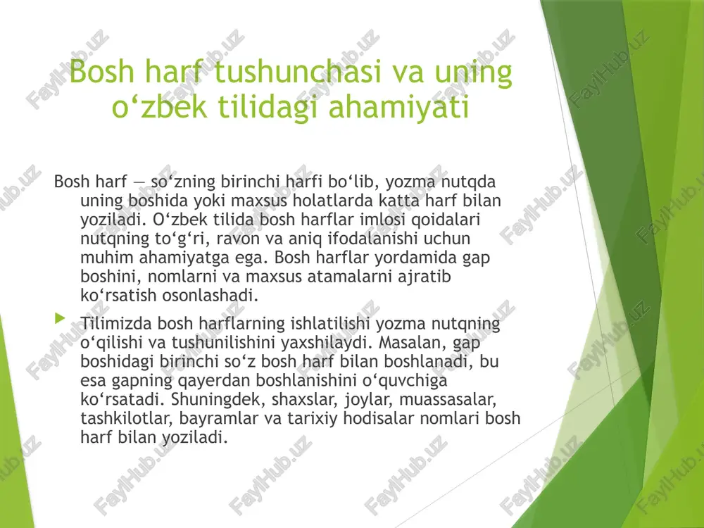 rtmalarda ishlatiladi. masalan, “o‘zbekiston respublikasi” qisqartmasi — o‘zbekiston respublikasi (or), “milliy universitet” – mu, va hokazo. bosh harflar davlat organlari, siyosiy partiyalar, tashkilotlar nomlarida ham ishlatiladi: o‘zbekiston respublikasi prezidenti, adliya vazirligi, xalq demokratik partiyasi. ilmiy atamalar va texnik nomlarda bosh harf ishlatilishi ham uchraydi, ayniqsa xalqaro nomlar va terminlarda, masalan, dna (deoksiribonuklein kislota), internet. xulosa o‘zbek tilida bosh harflar imlosi yozma nutqning aniqligi, o‘quvchi uchun matnni tushunarli qilish va fikrlarni to‘g‘ri ta’kidlashda muhim ahamiyatga ega. bosh harflarning to‘g‘ri qo‘llanilishi gap boshini, maxsus nomlarni, tashkilotlar va davlat nomlarini ajratib ko‘rsatish orqali yozma nutqni tartibli va madaniyatli qiladi. gap boshida bosh harf qo‘yilishi yozilgan matnni o‘qish va tushunishni osonlashtiradi. maxsus nomlar bosh harf bilan yozilishi tilimizda ajralmas qoidalar qatoriga kiradi, chunki ular shaxs, joy, tashkilot va hodisalarni aniq belgilashga xizmat qiladi. shuningdek, bosh harflar qisqartmalar, asarlar nomlari va ilmiy atamalar yozilishida ham qo‘llaniladi. foydalanilgan adabiyotlar abdukarimov, s. (2012). o‘zbek tili imlosi. toshkent: …