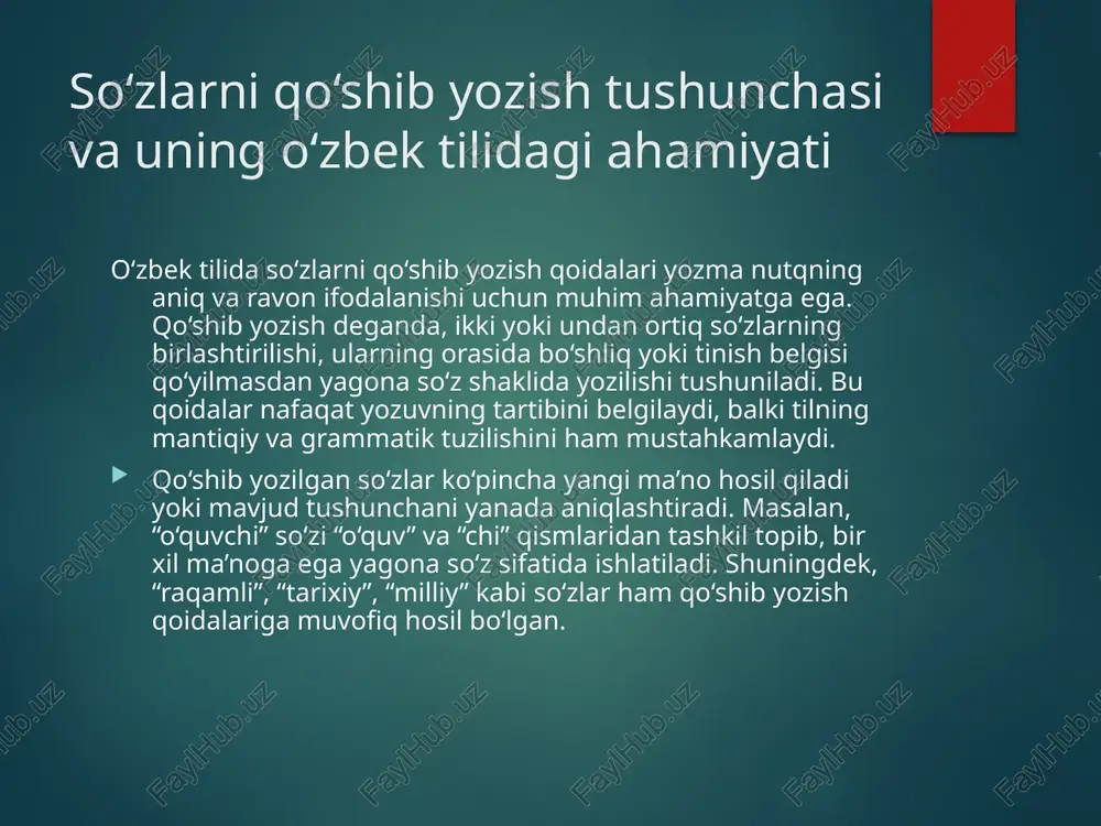 holda ajratib yoziladi. shuningdek, so‘zlarning grammatik shakllari ham farq qiladi. yana bir usul — sinonimlarni tekshirish. agar qo‘shib yozilgan so‘zning sinonimi alohida so‘zlardan iborat bo‘lsa, bu qo‘shib yozish qoidalariga to‘g‘ri keladi. tilimizdagi qo‘shib va ajratib yozish o‘rtasidagi farqlarni bilish, ularni to‘g‘ri qo‘llash yozuvni aniq va tushunarli qiladi. bu esa o‘zbek tilining yozma madaniyatini rivojlantirishda muhim ahamiyatga ega. qo‘shib va ajratib yozish qoidalariga oid maxsus holatlar va misollar o‘zbek tilida so‘zlarni qo‘shib va ajratib yozish qoidalariga oid ba’zi maxsus holatlar mavjud bo‘lib, ular yozuvda qo‘llanishida alohida e’tibor talab qiladi. bu holatlar qoidalarning soddalashtirilgan yoki murakkabroq shakllari bo‘lishi mumkin. masalan, raqam va so‘zlardan tashkil topgan birliklarda ajratib yozish talab etiladi: “5 kilo”, “3 soat”, “10 ming”. bunday holatlarda raqam va so‘z orasida bo‘shliq qo‘yiladi. bundan tashqari, harakat fe’li bilan bog‘langan ba’zi so‘z birikmalari ajratib yoziladi: “tez yugurmoq”, “sekin o‘rganmoq”. bu yerda harakatning turi va sifatini ifodalovchi so‘z alohida yoziladi. ammo ayrim hollarda, …