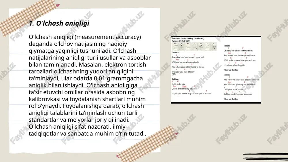 hisoblanadi. o‘qituvchilar soni 500 mingdan, o‘quvchilar soni esa 5 milliondan oshadi. sanoat ishlab chiqarishi qiymati 200 milliard aqsh dollariga teng bo‘ldi. mobil aloqa foydalanuvchilarining soni 25 millionga yetdi. internet foydalanuvchilari soni 18 milliondan oshiq. handelsrättansimi tüketim (import) 45 milliard dollarni tashkil etdi, eksport esa 34 milliard dollarga etdi. ... t.me/slaydai_bot 7. o'lchov vositalari o'lchov vositalari turli sohalarda qo'llaniladi va har xil maxsus maqsadlar uchun mo'ljallangan. masalan, uzunlikni o'lchash uchun metrlik lentalar va shtangensirkullar ishlatiladi. hajm va sig'imlarni o'lchash uchun litr va millilitr birliklaridan foydalaniladi, bunda maxsus o'lchov stakanlari qo'llaniladi. massani aniqlash uchun kilogramm va grammlik tortish tarozilari ishlatiladi. vaqtni o'lchash uchun soat va sekundomerlar muhimdir. haroratni o'lchashda termometrlar, bosimni tekshirishda esa barometrlar qo'llaniladi. bu vositalar ish jarayonini aniqlik bilan boshqarishga va sifatli natijalarga erishishga yordam beradi. ... t.me/slaydai_bot xatoliklar darajasi - bu statistik tahlillarda kuzatiladigan xatoliklarning ehtimoliy darajasini ifodalovchi ko'rsatkich. ular odatda foiz shaklida ko'rsatiladi va tadqiqot yoki o'lchov natijalarining …