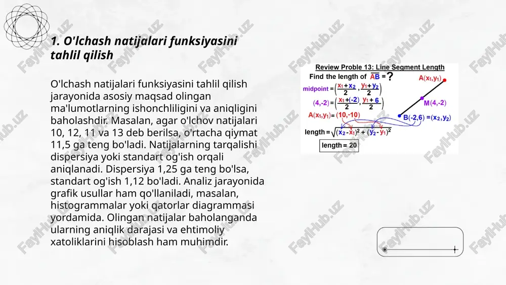tisodiyotning asosiy sektorlari ichinda qishloq xo'jaligi 30 foizni egallaydi. hozirgi kunda inflyatsiya darajasi 10 foizgacha. o'rtacha umr ko'rish davomiyligi 72 yil. ishtirok etish darajasi 67 foiz. o’lchash instrumentlari yordamida o'rtacha ish haqi 3 million so'mni tashkil etadi. o'quvchi yoshidagi aholining 98 foizi ta'lim oladi. ushbu ko'rsatkichlar mamlakatning iqtisodiy va ijtimoiy rivojlanishining muhim parametrlaridan hisoblanadi. ... t.me/slaydai_bot 7. o'lchash natijalarining normativ talablari o‘lchash natijalarining normativ talablari, o‘lchamlar va tajriba natijalarining aniqligini ta'minlash uchun muhimdir. iso va o'zbekiston standartlariga muvofiqlik talab etiladi. o'lchov aniqligi, xatolik darajasi va kalibrlash talablariga rioya qilish kerak. masalan, ±2% xatolik darajasi qabul qilinishi mumkin. ndt (no-distructive testing) usullarida iso 9712, iso 17025 va boshqa standartlarga amal qilish zarur. o‘lchov vositalari muddatli kalibrlashtirilishi va o‘lchash jarayonlari muntazam ravishda sinovdan o‘tkazilishi lozim. har bir soha o‘ziga xos talablarga ega bo‘lib, ular texnik hujjatlarga kiritilgan bo‘lishi shart. ... t.me/slaydai_bot 8. o‘lchash natijalarini verifikatsiya qilish jarayoni aniqlik va ishonchlilikni ta'minlash uchun …