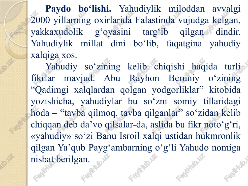 va, qo‘qon va buxoro jamoalariga bo’linib ketdi. rossiya tomonidan o‘rta osiyoning ma’lum bir qismining bosib olinishi yana yahudiylarning turkiston muxtoriyati va buxoro amirligi jamoalariga bo‘linib ketishiga olib keldi. yahudiylik millat dini bo‘lganligi uchun yahudiylar qaerda bo‘lmasin, biri- ikkinchisidan qancha uzoq bo‘lmasin, o‘qiydigan kitobi – tavrot, e’tiqod qiladigan dini yagona bo‘lib qolaverdi. www.arxiv.uz o‘rta osiyolik yahudiylarni buxoro yahudiylari deyilsa ham, ular ko‘proq samarqandda yashaganlar. xviii asrning o‘rtalarida nodirshoh samarqandni bosib olganida uning lashkarlari orasida turklar, lazginlar, afg‘onlar, eroniylar, shuningdek, yahudiylar bo‘lganlar. ular samarqandning shoh-kash, chor-raga, novadon, qo‘shhovuz kabi guzarlarida yashab qolganlar. buxoro hukumati nodirshoh davrida yahudiylarga nisbatan yumshoq muomalada bo‘lgan. www.arxiv.uz buxoroda ham, uning shahrisabz, kattaqo’rg’on, karmana kabi viloyatlarida ham yahudiylarni musulmonlardan ajralgan holda alohida yashashga majbur edilar. 1843 yilning bahorida mahalliy yahudiylarga samarqandning sharqiy qismidan 2,5 gektar joyni 10000 kumush tangaga sotish haqidagi shartnoma tuzildi. bu shartnomani yahudilardan 32 kishi imzoladi, davlat uning haqiqiyligini to’rt muhr bilan tasdiqladi. shunday qilib, …