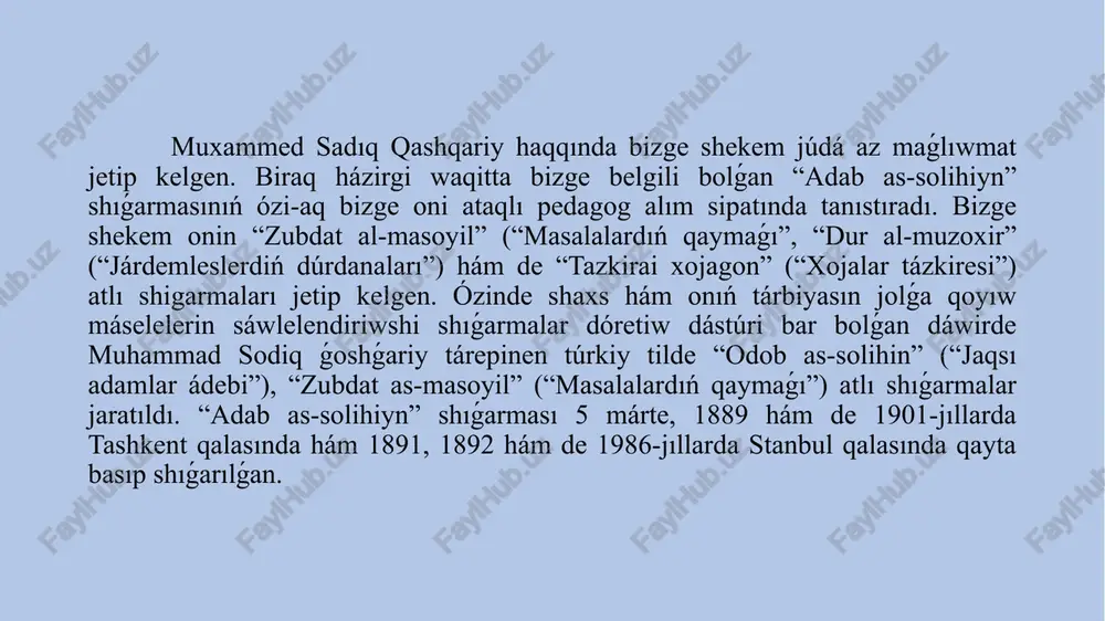 siw, súyip kórisiw ádepleri bayan etiledi. úshinshi bap sóylesiw ádebi haqqında sóz etedi. bizge jaqsı belgili, sóylesiw ádebi hám onıń shártlerine ámel etiw sociallıq qatnasıqlardıń turaqlı ótiwin támiyinlewshi tiykarǵı hám oǵada áhmiyetli faktorlardan biri bolıp, kópshilik avtorlar tárepinen jaratılǵan hám ádep-ikramlılıq mashqalalarına baǵıshlanǵan shıǵarmalardıń mazmunınan ayrıqsha orın alǵan. “adab as-solihin” shıǵarmasında da avtor sáwbetlesiw ádebi hám onıń ózine tán tárepleri haqqında tolıq sóz etedi. usı orında tómendegi pikirler alǵa qoyıladı: úylenetuǵın jigit nekeden aldın ózi úylenbekshi bolǵan qızdı kóriwi, úylenetuǵın qızdıń bokira bolıwı, sonday-aq, tórt nárse: ómirde, qáddi-qáwmette, mal-múlkte hám násilde erden tómen hám úsh nárse: jamalda, minez-qulıqta hám iybelilikte erden joqarı bolıwı zárúrligi avtor tárepinen ayrıqsha atap ótiledi. joqarıda atap ótilgen pikirlerdiń áhmiyeti ámeliy turmısta óz dálilin tapqan bolıp, olardı biliw hám de usı pikirlerge ámel etiw shańaraqlarda tınıshlıq-tatıwlıq, abadanlıq hám qáterjamlıqtıń turaqlı bolıwın kepillewshi faktorlar bolıp xızmet etedi. muhammed sadıq qashqariy “adab as-solihiyn” shıǵarmasında, kesel halın soraw, qayǵırıw …
