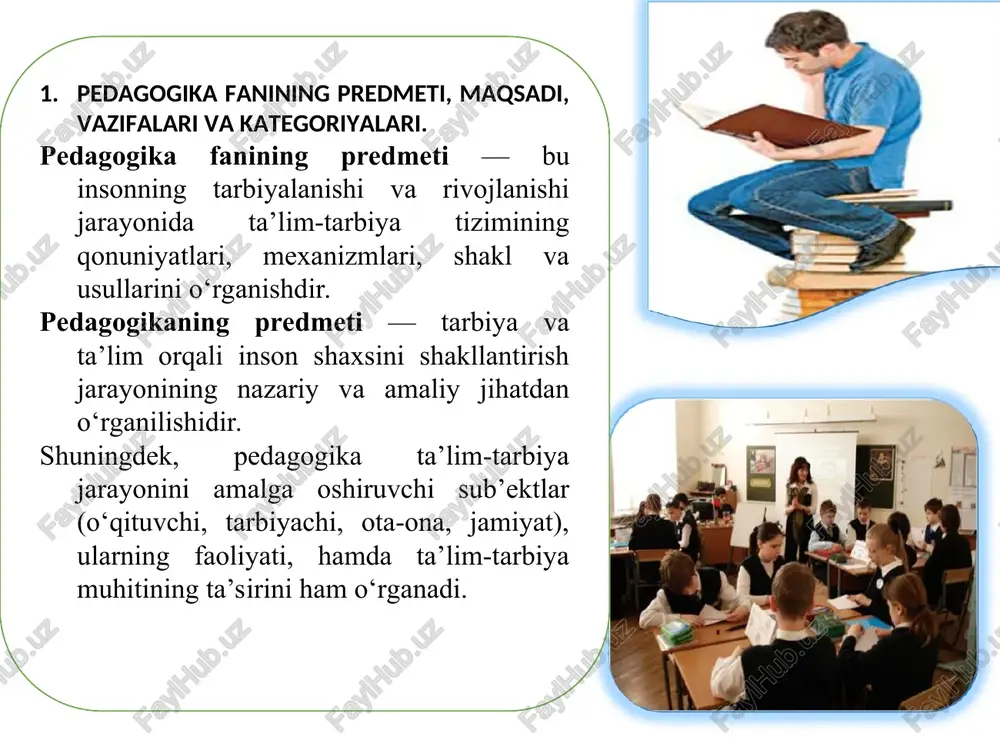 izimlashtirgan birinchi mutafakkir. j.j. russo “emil” asarida — bolani tabiatga qarab, majburiyatsiz, erkin shakllantirish g‘oyasini ilgari surdi. i.g. pestalotsi va i.f. gerkbart — pedagogikani psixologiya bilan uyg‘unlashtirish, ta’limni tizimli dars shakliga solish, o‘quvchining faolligini rag‘batlantirish kabi tamoyillarni ishlab chiqdilar. bu — pedagogikaning ilmiy-psixologik asosga ega bo‘lish bosqichidir. 4. zamonaviy davr: psixologiyaga, texnologiyaga va shaxsga qaratilgan pedagogika xix–xx asrlarda pedagogika inson psixologiyasi, faoliyat nazariyasi, ijtimoiy muhit ta’siri kabi ilmiy sohalarga chuqur kirib bordi. k.d. ushinskiy — “inson — pedagogikaning markazi” degan tamoyilni ilmiy asoslab, pedagogikani inson psixologiyasi bilan bog‘liq fan sifatida mustahkamladi. l.s. vigotskiy — “yaqin rivojlanish zonasi”, “ijtimoiy-madaniy rivojlanish nazariyasi” — o‘quvchining rivojlanishida ijtimoiy hamkorlik, madaniy vositalar, o‘qituvchi va muhitning ahamiyatini ilmiy tushuntirib berdi. bu — zamonaviy hamkorlikdosh ta’limning nazariy poydevori hisoblanadi. j. piyeje — kognitiv rivojlanish nazariyasi — bolaning yosh xususiyatlariga qarab ta’lim mazmunini o‘zgartirish zarurligini ilmiy isbotladi. xx asr oxiri — xxi asr boshlarida esa pedagogika globalizatsiya, axborot …
