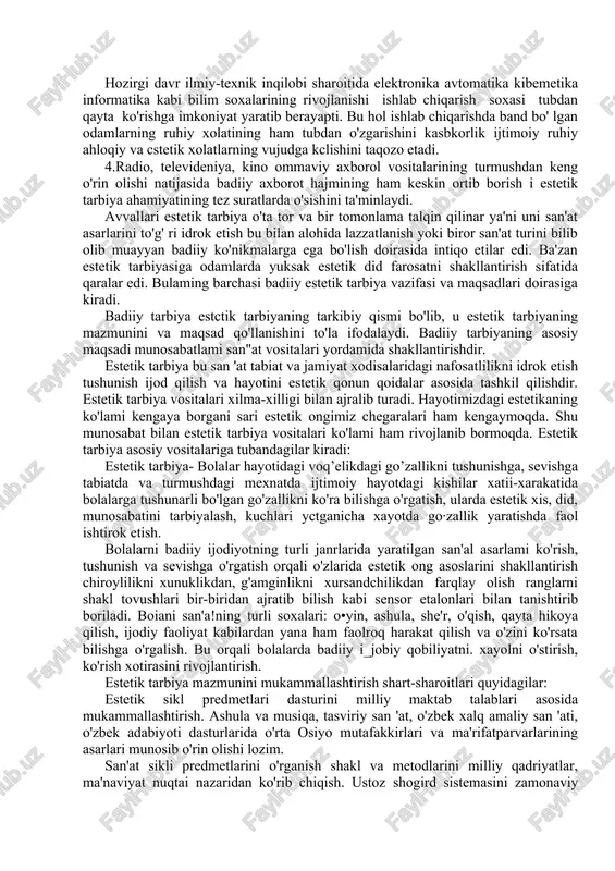 ni sevish kamolotining me'yori bo'ldi, mehnat ishtirok etish salomatlik vositasi hisoblanadi. bu g' oyalar xalq yaratgan “mehnat farog’at-chirog'i», «ish-insonning gavhari», «daraxt yaprog'i bilan ko'rkam, inson mehnati bilan», «odamni mehnat bezaydi», «mehnat hurmatning toji», «yer xazina mehnat kaliti», «yigit husni mehnatda» kabi maqollarda o'z ifodasini topgan. mchnat insonni uch balodan: yurak siqilishi, axloqiy buzilish, muxtojlikdan saqlaydi. mehnat qilmaganlarga, mchnatni scvmaganlarga, boshqalar mehnatini tatimoqchi bo'lganlarga salbiy munosabatlami «bekorchidan xudo bezorn, «tekinxo'rga shafqat yo"q», «baxt yalqovga bcgona» kabi maqollarda, bir qancha xikmatlarda o'z aksini topgan. (masalan: «yalqov ishyoqmaslar ikki far;eand yetishtiradilar: zorlik, badbaxtlik», «mehnatni sevgan har kishi har turli noqobil ishlardan tortinmaydi» va x.k). turli kasblarga mehr-muhabbat tarbiyalashda kasb-hunar tanlashga yo'llash muhim ahamiyat kasb ctadi. o'quvchilami kasb tanlashga yo'llash bu yosh avlodni xalq xo'jaligi va madaniyatining eng muhim tarmoqlari bi\an xalq xo'jaligi va madaniyatining ayrim kasblarga ehtiyojlari bilan tanishtirishga muvofiq iboratdir. nafosat tarbiyasi - ta'lim-tarbiyaning boshqa shakllari kabi estctik tarbiya ham o'z diqqat …