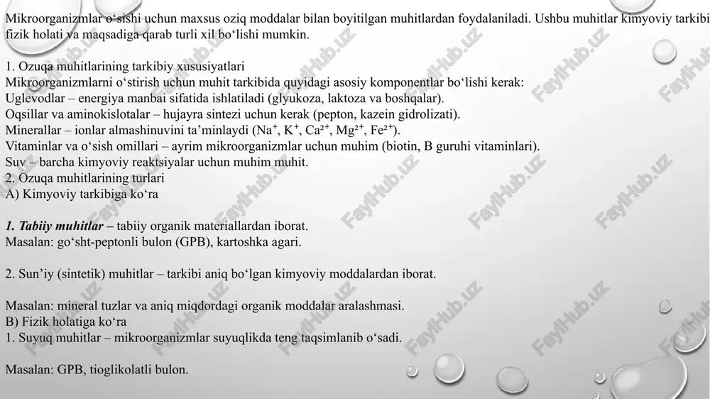 muhim rol o‘ynaydi. biotexnologiya – genetik muhandislik va biopolimerlar ishlab chiqarishda mikroorganizmlar ishlatiladi. 3. ekologiya va qishloq xo‘jaligidagi ahamiyati atrof-muhitni tozalash – biofiltrlar va mikroorganizmlar yordamida neft dog‘lari va chiqindilarni tozalash. tuproq unumdorligini oshirish – azot fiksatsiya qiluvchi bakteriyalar (masalan, rizobium) qishloq xo‘jaligida muhim rol o‘ynaydi. organik chiqindilarni qayta ishlash – kompost va bioyoqilg‘i ishlab chiqarishda mikroorganizmlar ishtirok etadi. mikroorganizmlarni o‘stirish fanni rivojlantirish, tibbiyot, sanoat va ekologik muammolarni hal qilishda katta ahamiyatga ega. ularni nazorat ostida o‘stirish orqali inson hayotiga foyda keltirish mumkin. mikroorganizmlarni o‘stirish usullari mikroorganizmlarni laboratoriya yoki sanoat sharoitida sun’iy muhitda o‘stirishning turli usullari mavjud. bu usullar mikroorganizmlarning fiziologik xususiyatlariga va tadqiqot maqsadiga bog‘liq holda tanlanadi. 1. statsionar usul bu usulda milkroorganizmlar bir martalik oziqa muhitida o‘stiriladi. o‘sish jarayoni vaqt o‘tishi bilan ozuqa moddalarining kamayishi va metabolik chiqindilarning to‘planishi bilan chegaralanadi. xususiyatlari: oddiy va arzon usul. laboratoriya tajribalarida ko‘p qo‘llaniladi. o‘sish fazalari (lag-faza, eksponensial faza, stasionar faza, o‘lim …
