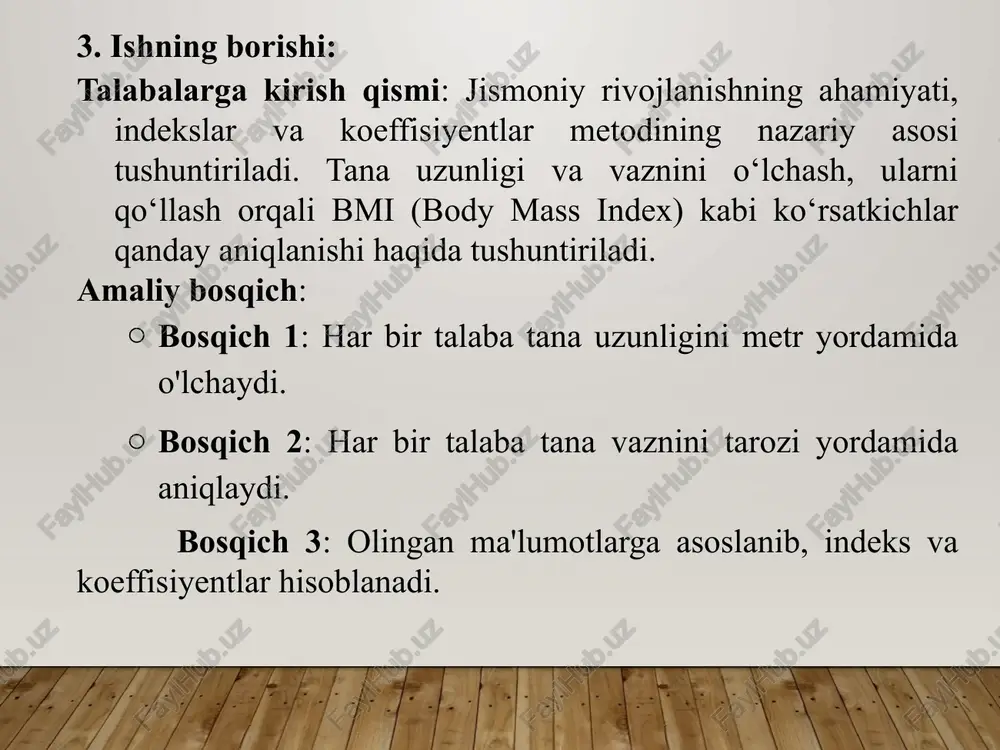 jismoniy yuklamaga javobi sezilarli darajada past). xulosa ryuffe testi yurakning jismoniy yuklamalarga qanchalik moslashuvchanligini oddiy va tezkor baholashga yordam beradi. bu test ko‘pincha sog‘liqni nazorat qilish, sport mashg‘ulotlari yoki jismoniy tayyorgarlik darajasini aniqlashda qo‘llaniladi. savollar: jismoniy rivojlanishni baholashda indekslar va koeffisiyentlar metodining afzalliklari nimada? olingan ko‘rsatkichlarga asoslanib, qanday xulosa chiqarish mumkin? tana vazni va uzunligi o‘rtasidagi munosabat qanday baholanadi? qanday holatlarda indekslar noto‘g‘ri natija berishi mumkin? e’tiboringiz uchun rahmat image2.png image3.png image1.jpg /docprops/thumbnail.jpeg