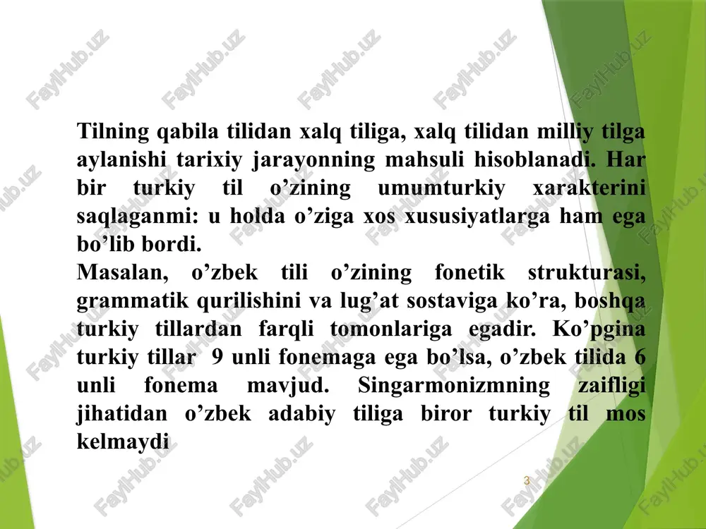 r bir guruhga kiritilmaydi. bu tasnifni sintezlashtirib akademik a.n.samoylovich o’z tasnifini yaratdiki, uning birmuncha mukammaligi bilan ajralib turadi 12.09.2025 12 turkiy tillar tasnifi bilan maxsus shug’illangan turkologlardan biri n.a. baskakov hisoblanadi. uning tasnifida har bir turkiy tilning fonetik, leksik, grammatik belgilarigina hisobga olinmasdan, balki har bir turkiy xalqning tarixiy shakllanish jarayoni, uning genezisi ham ko’zda tutiladi. shu mezonlarni hisobga olgan holda turkiy tillarning quyidagicha tasnifiy sxemasi beriladi: 12.09.2025 13 a. turkiy tillarning g’arbiy xun tarmog’i. bu tarmoq quyidagi til guruhlariga ajratiladi: 1. bulg’or tillari guruhi: qadimgi bulg’or, xazar tillari; hozirgi chuvash tili. 2. o’g’uz tillari guruhi. u o’z navbatida o’g’uz-turkman, o’g’uz-bolg’or, o’g’uz-saljuq guruhlariga ajratiladi va unga qadimgi pecheneg, x-xi asrlar o’g’uz tili, saljuq, eski turk tillari; hozirgi turkman, gagauz, ozarboyjon, turk tillari kiritilgan. 3. qipchoq tillari guruhi. bu o’z navbatida qipchoq-bulg’or, qipchoq-o’g’uz, qipchoq-no’g’ay guruhlariga ajratiladi va unga qadimgi oltin o’rda adabiy tili /g’arbiy/, poloves tili; hozirgi tatar, boshqird, qaraim, qumuq, …