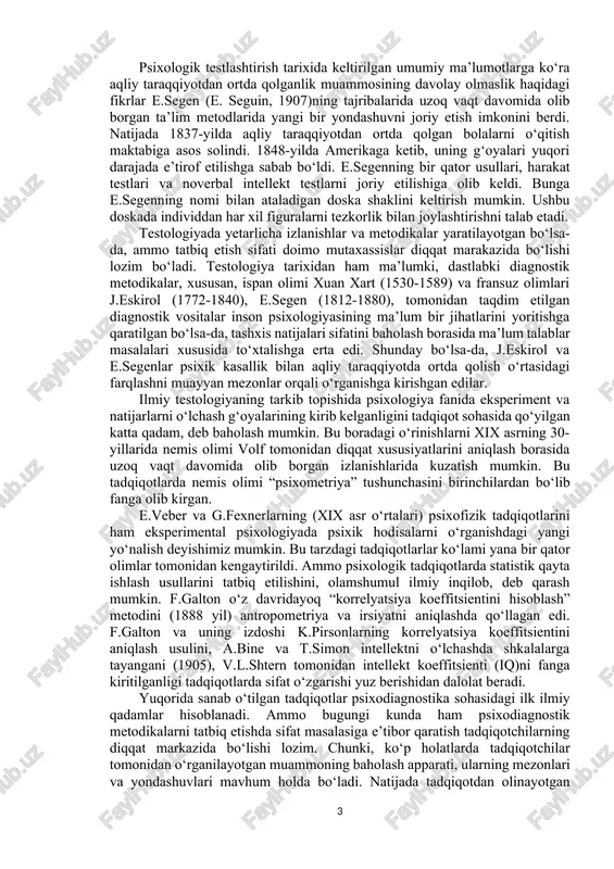ms kettel salmoqli ishni amalga oshirdi. u bu borada ma’lum asarlar yaratgan bo‘lib, natijasida uning xizmatlari tufayli eksperimental psixologiya paydo bo‘ldi. kettellning tadqiqotlarida v.vundt va f.galtonning ta’sir mavjud. u o‘zining keyingi tadqiqotlarida zehn testlarini yaratish va qo‘llash masalalariga yo‘naltirdi. 1890-yilda j.kettell tomonidan maqolada “intellekt va uning o‘lchash masalasiga” bo‘yicha maqola yozdi. ushbu maqolada bir qator testlarning intellektuallikni aniqlash uchun qo‘llash xususiyatlari yoritildi. p.x.dyubua (1966) qadimgi xitoy zadoganlarini ishga qabul qilishda psixologik testlashtirishdan bundan 3000-yilda yaqin davrdan oldinroq amalga oshirilganligini qayd etadi. qadimgi greklar testlashtirishni ta’lim jarayonining yo‘ldoshi sifatida qarab, jismoniy va aqliy ko‘nikmalarni o‘zlashtirishni baholashda testlardan foydalanganlar. testlashtirishning tarixidan ham ma’lumki, dastlabki diagnostik metodikalar, xususan, ispan olimi xuan xart (1530-1589) va fransuz olimlari j.eskirol (1772-1840), e.segen (1812-1880), tomonidan taqdim etilgan diagnostik vositalar inson psixologiyasining ma’lum bir jihatlarini yoritishga qaratilgan bo‘lsa-da, tashxis natijalari sifatini baholash borasida ma’lum talablar masalalari xususida to‘xtalishga erta edi. shunday bo‘lsa-da, j.eskirol va e.segenlar psixik kasallik bilan …