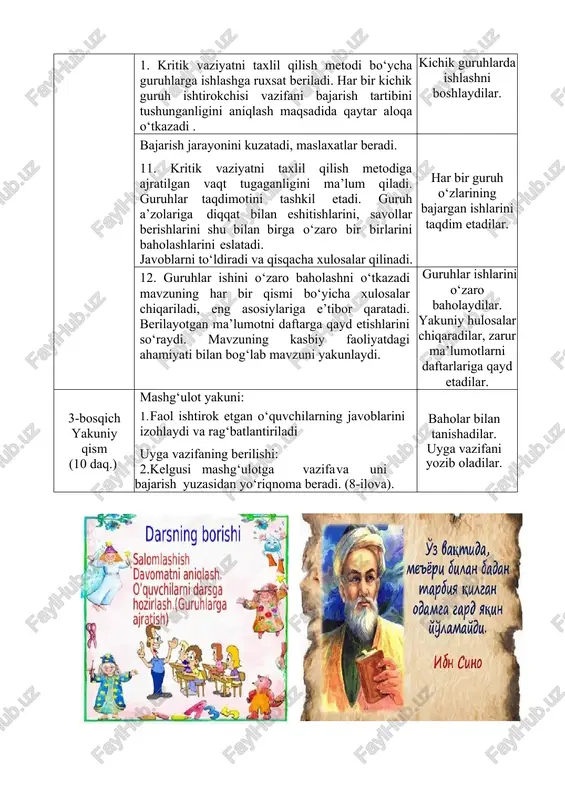arini shu bilan birga o‘zaro bir birlarini baholashlarini eslatadi. javoblarni to‘ldiradi va qisqacha xulosalar qilinadi. har bir guruh o‘zlarining bajargan ishlarini taqdim etadilar. 12. guruhlar ishini o‘zaro baholashni o‘tkazadi mavzuning har bir qismi bo‘yicha xulosalar chiqariladi, eng asosiylariga e’tibor qaratadi. berilayotgan ma’lumotni daftarga qayd etishlarini so‘raydi. mavzuning kasbiy faoliyatdagi ahamiyati bilan bog‘lab mavzuni yakunlaydi. guruhlar ishlarini o‘zaro baholaydilar. yakuniy hulosalar chiqaradilar, zarur ma’lumotlarni daftarlariga qayd etadilar. 3-bosqich yakuniy qism (10 daq.) mashg‘ulot yakuni: 1. faol ishtirok etgan o‘quvchilarning javoblarini izohlaydi va rag‘batlantiriladi uyga vazifaning berilishi: 2.kelgusi mashg‘ulotga vazifa va uni bajarish yuzasidan yo‘riqnoma beradi. (8-ilova). baholar bilan tanishadilar. uyga vazifani yozib oladilar. (1-ilova) (2-ilova) mavzu:buyrak tosh kasalligida hamshiralik parvarishi reja foydalanishga tavsiya etiladigan adabiyotlar1.m.f.ziyaeva “terapiya” toshkent, “ilm ziyo” 2018-yil. 2.y.l.arslonov “ichki kasalliklar” toshkent, “ilm ziyo” 2018-yil. (3-ilova). (4-ilova) (5-ilova) buyrak-tosh kasalligi. dunyoning ko‘pgina mamlakatlarida buyrak tosh kasalligi juda ko‘p insonlarda uchramoqda. buyrak-tosh kasalligi 26-40 yoshlardagi kishilarda ko‘proq uchraydi. erkak kishilar, …