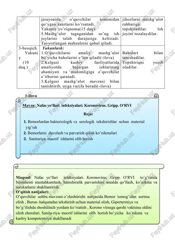 lar. ish joyini tozalaydilar. 3-bosqich. yakuniy (10 daq.) yakunlash: 1.o’quvchilarni amaliy mashg’ulot bo’yicha baholarini e’lon qiladi(-ilova) 2.kelgusi kasbiy faoliyatlarida amaliyotda bajargan ishlarining ahamiyati va muhimligiga o’quvchilar e’tiborini qaratadi. 3.kelgusi mashg’ulot mavzusi bilan tanishtirib, uyga vazifa beradi(-ilova) baholari bilan tanishadilar. topshiriqni yozib oladilar. 1-ilovamavzu: nafas yo‘llari infeksiyalari. koronovirus. gripp. o‘rvi reja: 4. bemorlardan bakteriologik va serologik tekshirishlar uchun material yig’ish 5. bemorlarni davolash va parvarish qilish ko’nikmalari 6. sanitariya–maorif ishlarini olib borish maqsad: nafas yo‘llari infeksiyalari. koronovirus. gripp. o‘rvi to’g’risida bilimlarini mustahkamlash, hamshiralik parvarishini amalda qo’llash, ko’nikma va xarakatlarni shakllantirish o’qitish natijalari: o’quvchilar ushbu mavzuni o’zlashtirishi natijasida bemor tomog’idan surtma olish , burun–halqumdan tekshirish uchun material olish, gipertermiya va bo’g’ilishda shoshilinch yordam ko’rsatish , korono virusga qarshi vaktsina oldini olish choralari. sanita-riya–maorif ishlarini olib borish bo’yicha ko’nikma va kasbiy kompetentsiya shakllanadi 2-ilova ko’rrsatkichlar baholar 5 4 3 2 nazariy bilim (berilgan savollarga javob berishi) savollarga to’liq javob berish, misollar, dalillar keltirish. …
