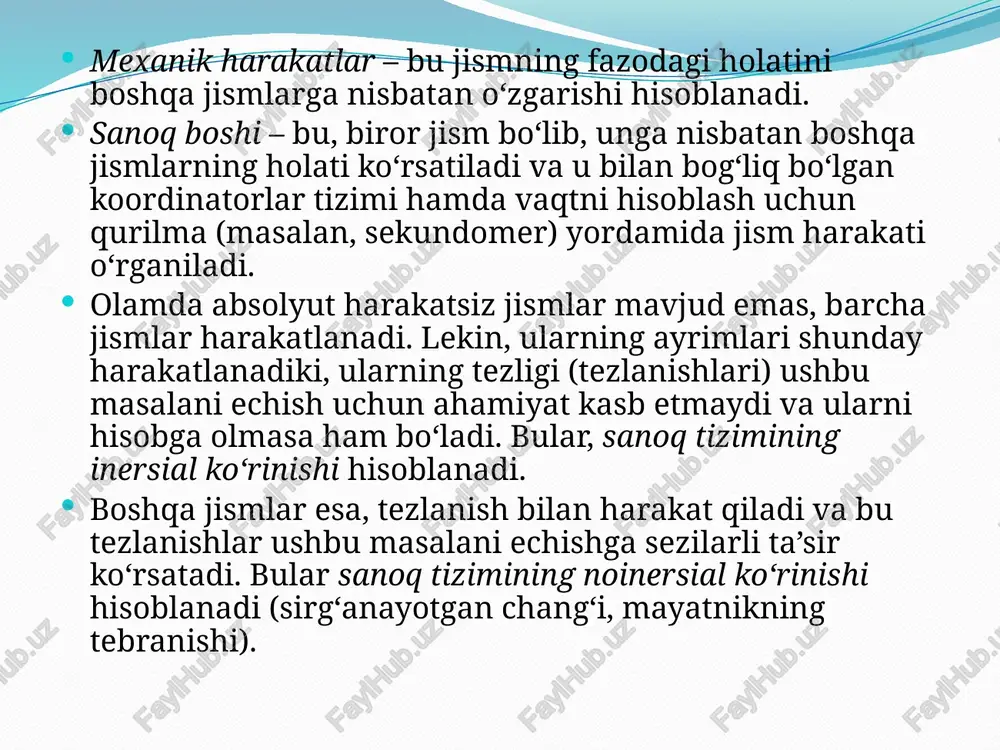 g vaqt o‘lchovi. i, vaqt birligi ichida qaytariluvchi harakatlarning (harakatlar chastotasi) soni bilan o‘lchanadi: harakat ritmi (bir maqomda o‘tishi) – bu harakat qismlari nisbatining vaqt o‘lchovi. i, vaqt oralig‘ining nisbati – harakat qismlarining o‘tish muddati bo‘yicha aniqlanadi: 3. to‘g‘ri chiziqli tekis harakat tekis harakat paytida, jism ixtiyoriy bir xil vaqt oralig‘ida bir xil yo‘lni bosib o‘tadi. bu holatda tezlikning kattaligi o‘zgarmas bo‘ladi (agar harakat egri chiziqli bo‘lsa tezlik yo‘nalish bo‘yicha o‘zgarishi mumkin). x0 – t = 0 ga teng bo‘lgandagi koordinata x – joriy (t) vaqt momentidagi koordinata t – harakat vaqti bundan, koordinatalarni harakat vaqtiga bog‘liqligini olamiz: x = x0 + · t 4. tezlanish. erkin tushish va uning tezlanishi ushbu vektor kattalik tezlik vektorining o‘zgarishlarini ushbu o‘zgarishlar sodir bo‘lish vaqtiga nisbatini vaqt intervalining cheksiz kamayishi paytidagi intiladigan chegaraga teng: tezlanishning si birliklar tizimidagi o‘lchov birligi – m/s2. agar, tezlanishning yo‘nalishi tezlik vektorining yo‘nalishi bilan to‘g‘ri kelsa, unda tezlikning …