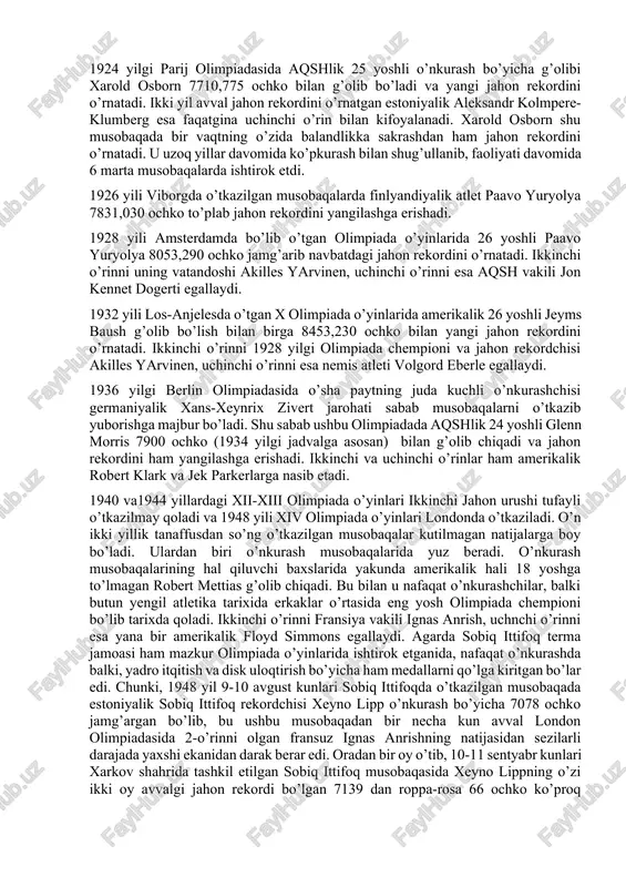 kaziladi. 1920 yili antverpen va 1924 yili parijda o’tkazilgan olimpiada o’yinlarida finlyandiyalik sportchi eero lextonen ikki bor g’alaba qozonadi. shundan so’ng beshkurash musobaqalari olimpiada o’yinlari dasturidan olib tashlanadi. 1920 yilgi olimpiada o’yinlarining o’nkurashida norvegiyalik 30 yoshli xelge lyovland o’sha paytning ochkolar jadvaliga asosan 6804 ochko jamg’arib g’olib bo’ladi. 1922 yili sentyabr oyida xelsinkida o’tkazilgan musobaqada birinchi rasmiy jahon rekordi qayd etildi. unda estoniya vakili aleksandr kolmpere-klumberg 7481,690 ochko (1920 yilgi jadvalga asosan) jamg’aradi. 1924 yilgi parij olimpiadasida aqshlik 25 yoshli o’nkurash bo’yicha g’olibi xarold osborn 7710,775 ochko bilan g’olib bo’ladi va yangi jahon rekordini o’rnatadi. ikki yil avval jahon rekordini o’rnatgan estoniyalik aleksandr kolmpere-klumberg esa faqatgina uchinchi o’rin bilan kifoyalanadi. xarold osborn shu musobaqada bir vaqtning o’zida balandlikka sakrashdan ham jahon rekordini o’rnatadi. u uzoq yillar davomida ko’pkurash bilan shug’ullanib, faoliyati davomida 6 marta musobaqalarda ishtirok etdi. 1926 yili viborgda o’tkazilgan musobaqalarda finlyandiyalik atlet paavo yuryolya 7831,030 ochko to’plab jahon …
