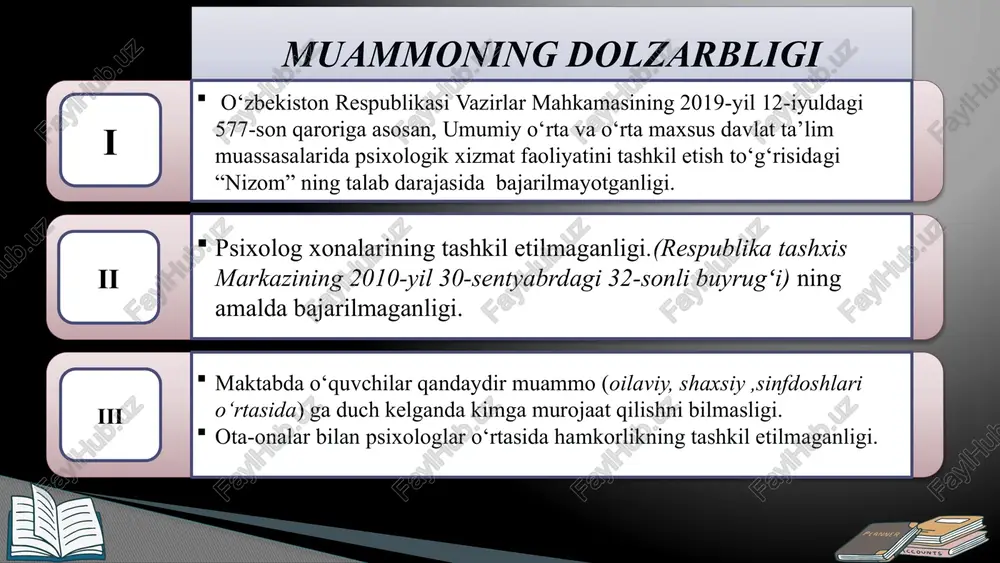 rda mas’uliyat ham shakllanadi. yaponiya xitoyda gavdani to‘g‘ri tutish va bel salomatligi juda muhim hisoblanadi. shuning uchun erta yoshdan boshlab, bolalar o‘z qad-qomatiga e’tibor berishga o‘rgatiladi. o‘ziga xos xususiyatlar: darslar ertalab soat 8.30 da mashqlar bilan boshlanadi, 3-darsdan keyin – ko‘zlar mashqi, 14.00 atrofida yana bir faol harakatlar bilan kunduzgi mashq. shuning uchun bo‘lsa kerak, xitoyda yagona maktab formasi sport kostyumi hisoblanadi. isroilda o‘quv yili bizda bo‘lgani kabi sentyabrdan – iyungacha davom etadi.darslar davomiyligi 90 daqiqa, 1-6 sinflarda uy vazifasi berilmaydi. o‘ziga xos xususiyatlar: bolalar kichkinaligidan umumta’lim maktabga tayyorlanadi, o‘quvchilar yutuq va qobiliyatiga qarab guruhlarga bo‘linadi va qobiliyatidan kelib chiqqan holda fanlar guruhlarga bo‘linib, bolalar turli darajalarda o‘qitiladi. t/r amaldagi holat (o‘zbekistonda) amaldagi holat (xorijda) taklif 1. ayrim maktablarda psixolog xonasining yetishmasligi va hatto xonasi borlari ham yetarli darajada xonadan foydalana olmayotgani sir emas. aqsh maktablarida “relax” xonalari mavjud va u joyga o‘quvchilar va o‘qituvchilar stress holatlariga tushganda va boshqa …
