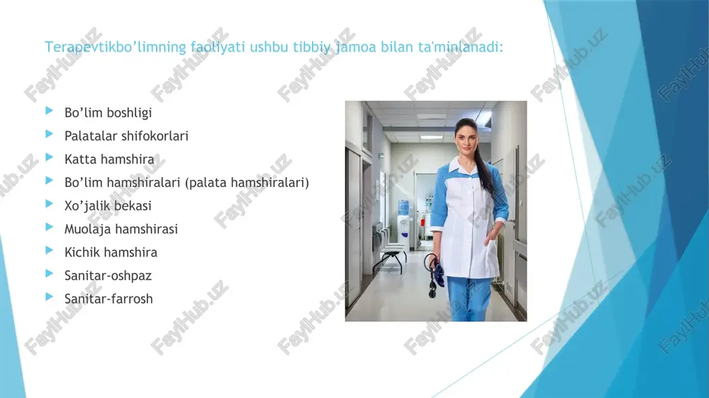yyotoq yotoq yarim yotoq palata umumiy (“erkin”) hamshira majburiyati bo’lim hamshirasi ish joyi-hamshiralik posti - 25-30 o’ringa mo’ljallangan, hamshira ishlashiga moslashtirib ta'minlangan bo’lishi kerak. stol,stol chirog’i,telefon. og’ir bemorlar bilan aloqa ta'minoti(ekran, qo’ng’iroq,telefon,maxsus raqamlar) javon(shu qatorda muzlatgich)dori vositalarni saqlash uchun. xujjatlar saqlanadigan javon. kerakli materiallar va qaytao’rash narsalar bo’lishi kerak. bemorlarga qaraydigan predmetlar joyi(termometr, keskich,analizlar yiqadigan idishlar va boshqa.) hamshira antropometriya o’tkazadigan predmetlar joylari. dori darmon tarqatish uchun qo’zg’aladigan stol. bo’lim hamshirasi majburiyatlari: bemorning umumiy holatini baholash (umumiy holati,bemorning yotoqdagi holati, uning es-xushi, antropometriya) va uning holatini kuzatish (termometriya,pul's va nafas harakatini sanash, sutkalik diurez o’zgarishi va uni xujjatlarda aks etishi) bemorning gigienik holatini kuzatishhamda pedikulyoz bor yoki yo’qligini aniqlash,palata ozodaligini ta'minlash. tez yordam metodlarini bilish va ularni ishlata olish. xujjatni to’g’rito’ldirish. bemorning analizlarini yig’ishni ta'minlash. bemorni transpartirovka qilish,diagnostik jarayonlarni kuzatish. bemorni ovqatlanish tartibi va ichki qoidalar bajarilishini ta'minlash. kichik hamshiralarni kuzatish. har kuni postni kerakli dori vositalar bilan ta'minlash. bemorning …