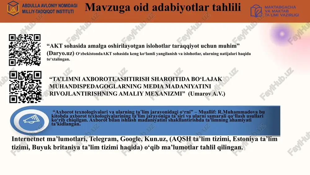 xodimlar uchun yetarli emas. estoniya ta'lim tizimida akt va mediasavodxonlikka alohida e'tibor qaratiladi. maktab va universitetlarda raqamli kompetensiyalarni oshirishga qaratilgan maxsus kurslar mavjud. xususiy sektorda va davlat muassasalarida xodimlar uchun akt va mediasavodxonligi bo‘yicha treninglar o‘tkazilmoqda. bu treninglar ko‘pincha raqamli xavfsizlik, axborot manbalarini baholash va ijtimoiy tarmoqlarda muloqot qilishni o‘z ichiga oladi. -o‘quv materiallarini raqamli formatda ishlab chiqish va osonlik bilan kirish imkoniyatini yaratish. -mediasavodxonlikni oshirish uchun interaktiv mashg'ulotlar o‘tkazish. - xodimlar uchun zamonaviy dasturiy ta’minotlardan foydalanish imkoniyatini berish. -raqamli infratuzilmani yaxshilash va maktabda xizmat ko‘rsatish sifatini oshirish. o‘zbekistonda internet va texnologiyalarga kirish imkoniyati ko‘payib bormoqda, ammo qishloq hududlarida hali ham muammolar mavjud. buyuk britaniyada xodimlarning akt va mediasavodxonligini oshirish uchun ko‘plab ta'lim dasturlari va treninglar taklif qilinadi. bu dasturlar ish joyida yoki tashqi tashkilotlar tomonidan olib borilishi mumkin, va ularning maqsadi xodimlarga zamonaviy texnologiyalarni samarali qo‘llashni o‘rgatishdir. xodimlarning akt va mediasavodxonligini oshirish orqali o‘zbekistonning iqtisodiy va ijtimoiy rivojlanishiga hissa …