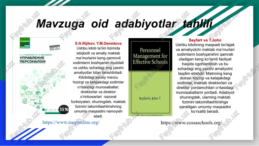 lishi/ketishini elektron qayd etish. * elektron ish vaqti jadvallarini yuritish. * kechikish, ishdan bo‘shatish, qo‘shimcha ishlarni nazorat qilish. vazifa mavzu yuzasidan xorijiy tajribalarni o‘rganilganligi yaponiya maktablarida xodimlarning ish faoliyatini nazorat qilish uchun ko‘p bosqichli tizim mavjud, bular: * o‘z-o‘zini nazorat qilish; boshqaruvni nazorat qilish va baholash; * hamkasblarni nazorat qilish va baholash; * ota-onalarning nazorat qilishi va baholashi; rossiyada ham xodimlar nazorati ko‘p qirrali: 1. ma’muriy nazorat; * kuzatish va baholash; *hujjatlarni ko‘rib chiqish; *sertifikatlash; 2. pedagogik nazorat; * darsga oʻzaro qatnashish; * uslubiy birlashmalar; * o‘z-o‘zini nazorat qilish; aqsh maktablarida xodimlar nazorat tizimi ideal emas va doimiy ravishda takomillashtirilmoqda. * o‘qituvchining ish faoliyatini yaxshi baholash va samarasiz ishlagan taqdirda qanday choralar ko‘rish bo‘yicha kelishmovchiliklar mavjud. * ba’zi o‘qituvchilar nazorat tizimi haddan tashqari byurokratik va ularning ishining individual xususiyatlarini hisobga olmaydi deb hisoblashadi. mavzu yuzasidan xorijiy tajribalarni o‘rganilganligi estoniya maktablarida xodimlar ishini nazorat qilish bir necha darajalarda amalga oshiriladi. 1. …