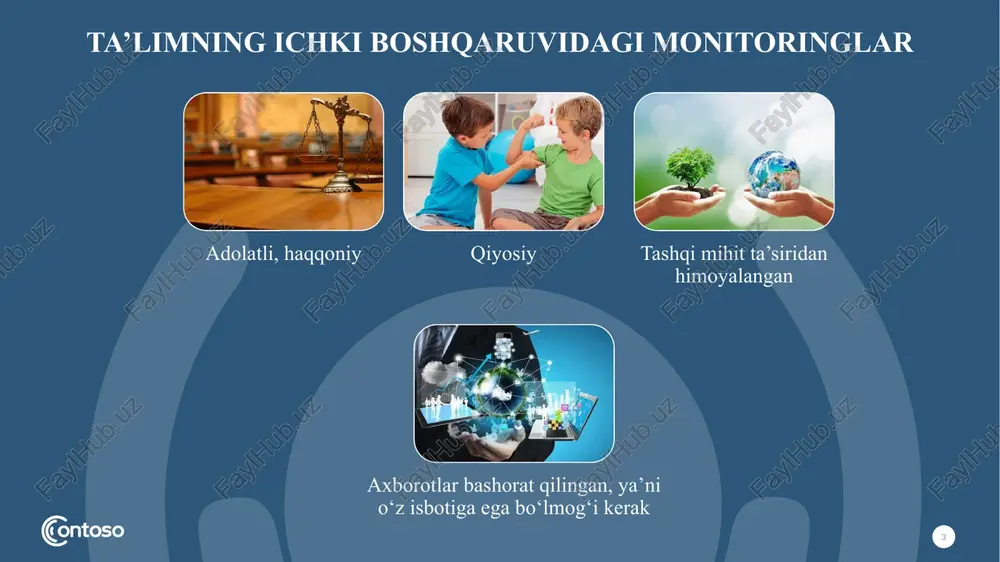 adolatliligini ta’minlash - ta’lim dasturining samaradorligini tahlil qilish o‘quvchining rivojlanish yutug‘ini nazorat qilish o‘quvchining o‘quv jarayonidagi xató va kamchiliklarni aniqlash va tuzatishga imkon berish darsning har bir qismida har bir o‘quvchining tayyorgarlik darajasini aniqlash. ichki monitoringni baholash vazifalari faqat o‘quvchilarning ishi baholanadi bajarilgan ish oldindan berilgan namuna bilan taqqoslanadi o‘quvchi o‘z ishini baholashga imkon beradigan va ota-onalarga ma’lumot bera oladigan aniq baholash ketma-ketligini biladi baholash muayyan ta’limiy maqsad bo‘yicha baholanadi ichki monitoring olishni ahamiyati -sifatli natijalarga olib keladigan mezonlarni ishlab chiqish 01 -o‘z harakatlarini tahlil qiladigan va kelajakni rejalashtiradigan ma’lumot olish 02 -o‘qitish sifatini oshirish -o‘quvchining individual xususiyatlarini hisobga olgan holda har bir kishi uchun mashg‘ulot hajmini rejalashtirish 03 -turli xil baholash usullaridan foydalanish 04 -kreativ fikrlash darajasini oshiradigan turli xil o‘qitish usullaridan foydalanish 0 1 -muvoffaqiyatga yetaklaydigan baholash mezonlarini tushunish 0 2 -o‘z-o‘zini va o‘zgalarni baholash orqali qayta bog‘lanishda fikr-mulohazalar olish 0 3 -mulohazali fikrlash, o‘z firklarini erkin ifoda …
