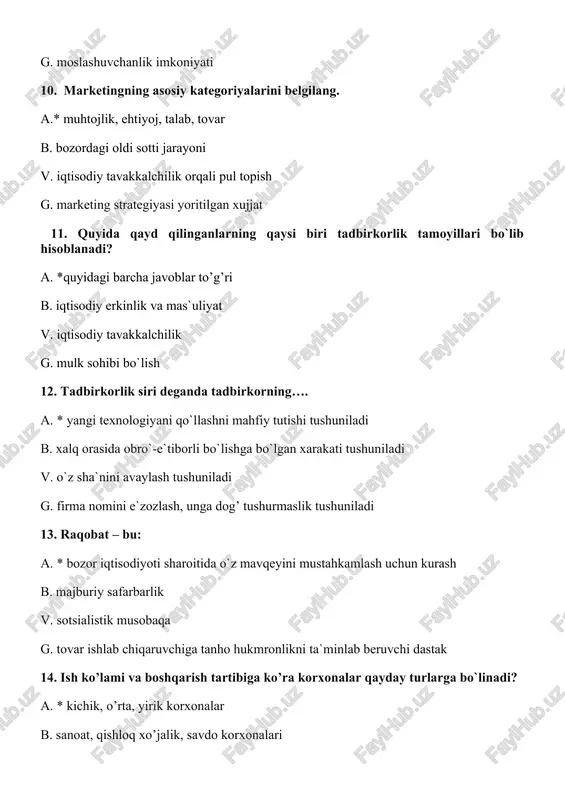 at b. bu tadbirkorlarning biznes uchun kapital yig’uvchi va u uchun boshqaruv yo’nalishlarini belgilash uchun tuzilgan hujjat v. tadbirkorlikning operativ faoliyatini yurgizish rejasi g. korxonaning qisqa davrga mo’ljallangan rejasi 17. mulk shakliga qarab korxonalar qanday turlarga bo’linadi? a. * xususiy korxonalar, jamoa korxonalari, davlat korxonalari, qo’shma korxonalar b. xususiy, aktsiyadorlik, jamoa, davlat, qo’shma korxonalar v. xususiy, aktsiyadorlik, jamoa, davlat, ijara, qo’shma korxonalar g. o’rta korxonalar, qo’shma korxonalar 18. biznes reja tuzishdan maqsad nima? a. * bozor ehtiyojlari mavjud resurslar imkoniyatidan kelib chiqib korxona va firmalar faoliyatini joriy hamda kelgusi davrga rejalashtirish b. yuqori foyda olish v. barcha turdagi manbalardan samarali foydalanish g. loyiha samaradorligini oshirish 19. biznes reja tuzish muddatlari qaysi bandda to`g’ri ko`rsatilgan? a. * muddatsiz b. 1 yildan 10 yilgacha v. 3 yildan 5 yilgacha g. 1 yilga 20. biznes reja nechta bo`limdan iborat bo`ladi? a. * 5 dan 18 gacha b. 9 v. 5 g. 18 21. …