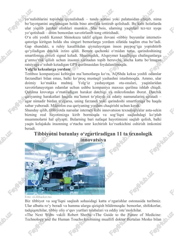 do jiddiy vaziyat yuzaga kelsa – trevoga signali chalinadi. yuqori tasvirli kameralar bilan jihozlangan palatalarda bemor diqqat bilan ko‘rikdan o‘tkaziladi. reanimotolog ovozli aloqa yordamida bemorga yaqin joylashgan xodimlarga ko‘rsatmalar berishi mumkin, ya’ni u qaror qabul qiladi, hamshira va sanitarlar qarorni bajarishadi. tadqiqotlar bu kabi markazlar o‘lim darajasini kamaytirishga hamda tibbiyot xodimlari uchun xarajatlarni qisqartirishga yordam berishini ko‘rsatmoqda. taraqqiyot yo‘lidagi muammolar ayni damda tibbiyot muassasalari keng ko‘lamli turli vazifalar, masalan, ish samarasini oshirish uchun xodimlarni doimiy ishga qabul qilish, iqlim me’yorlarining uzluksiz nazoratini olib borish, shuningdek, bemorlar jismoniy ko‘rsatkichlarini kuzatish singari iot datchiklari ishlab chiqaradigan katta hajmdagi ma’lumotlar muammolari bilan to‘qnash kelmoqda. va bu muammolarning barchasi — atrof-muhit parametrlarini doimiy va uzluksiz nazorat qilish va hisoblab borishni amalga oshirish, texnologik jarayonlar, bemorlar, xodimlar va boshqa tibbiy asbob-uskunalar maqomi va holati, tibbiy ma’lumotlar «xomashyosi» va turli manbalardan olingan tadqiqotlar natijasini qayta ishlash hamda kerakli axborotni sxema, grafika, jadvallar, ma’lumot ekranlari shaklida topshirishning …