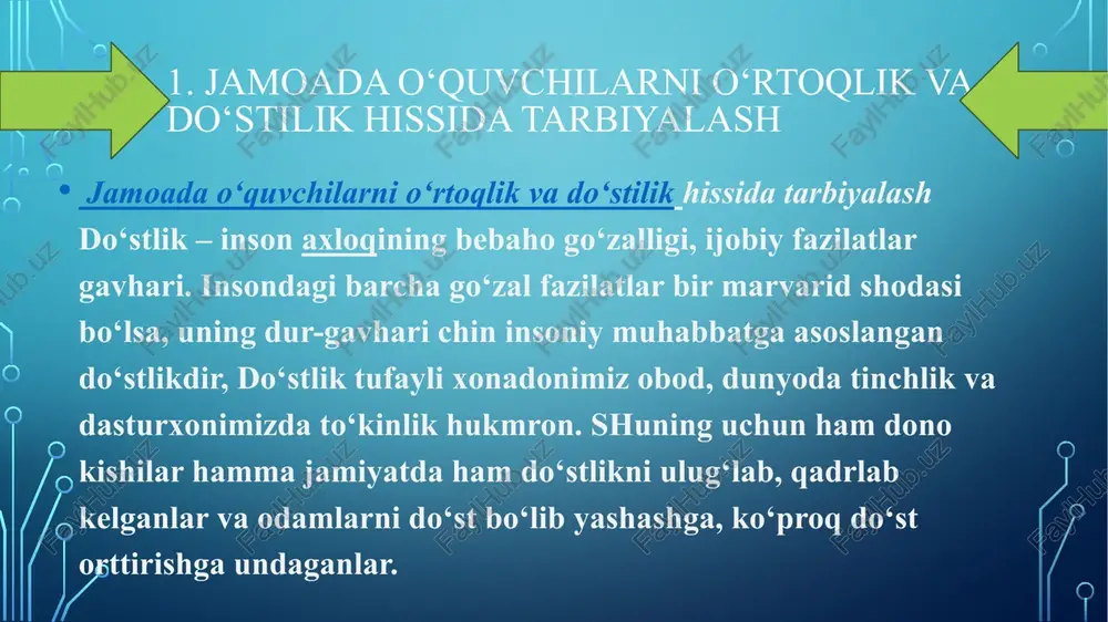 o‘p hikmatlm so‘zlar yaratilganki, ular orqali do‘stlikning kishi hayotida tutgan o‘rni ifoda etilgan. jumladan: «qora kuningda do‘sting yaraydi». «do‘st achitib, dushman kuldirib gapirar». «qoqilganingda do‘sting suyab qoladi». «o‘zini siylamagan, o‘rtoqlarini ham siylamas». «o‘zingni qurbon qilib bo‘lsa ham, o‘rtoqlaringni saqlab qol». do‘stlik, o‘rtoqlik rishtalarining bog‘lanishi va mstahkamlanishini ta’minlovchi birmuncha xislatlar bor. jumladan, rostgo‘ylik, bir-birini o‘zaro hurmat qilish va sirdosh bo‘lish, o‘rtoqlarga doimo g‘amxo‘r bo‘lish kabilarni o‘z vaqtida amalga oshirib borsak, bizning o‘rtoqligimiz ortib, haqiqiy do‘stlik darajasiga ko‘tarila oladi, shuning uchun ham do‘stlik o‘rtoqlikning oliy shaklidir, deb yuritiladi, chunki do‘stlik avvalo o‘rtoqlikdan boshlanadi. kishi o‘z o‘rtoqlaridan birini boshqalardan ortikroq sevadi. uni boshqalardan ko‘proq hurmat qiladi, unga nisbatan o‘z moyilligini amalda ko‘rsatishga tirishadi. ikkinchi tomon ham bu hurmatga hurmat bilan javob berishi ayni muddao bo‘ladi. kishi o‘z o‘rtoqlaridan birini boshqalardan ortikroq sevadi. uni boshqalardan ko‘proq hurmat qiladi, unga nisbatan o‘z moyilligini amalda ko‘rsatishga tirishadi. ikkinchi tomon ham bu hurmatga hurmat bilan javob berishi …