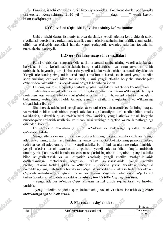 tletika turlari texnikasini o‘rgatish;- yengil atletika bilan shug‘ullantirishda umumiy rivojlantiruvchi hamda maxsus mashqlarini bajarishni o‘rgatish;- yengil atletika bilan shug‘ullantirish va uni o‘rgatish asoslari;- yengil atletika mashg‘ulotlarida qo‘llaniladigan metodlarni o‘rgatish;- ta`lim muassasalarida yengil atletika mashg‘ulotlarini tashkil qilish va o‘tkazish; - sportcha yurish texnikasini o‘rgatish metodikasi;- yugurish turlari texnikasini o‘rgatish metodikasi;- sakrash turlari texnikasini o‘rgatish metodikasi;- uloqtirish turlari texnikasini o‘rgatish metodikasi- ko‘p kurash turlari texnikasini o‘rgatish metodikasini bilishi, haqida bilimlarga ega bo`lishi; - yengil atletika bo‘yicha o‘quv ishlarini tashkil qilish, rejalashtirish va hisobini yuritish; - yengil atletika bo‘yicha sport inshootlari, jihozlari va ularni ishlatish to‘g‘risida malakalarga ega bo‘lishi kerak. 3. ma`ruza mashg‘ulotlari. 1-jadval № ma`ruzalar mavzulari dars soatlari hajmi 3-semestr 1-modul. yengil atletika va uni o‘qitish metodikasi fanining rivojlanishi, maqsadi hamda vazifalari 1 yengil atletika va uning turlari rivojlanishining tarixiy tavsifi 2 2 o‘zbekistonning jismoniy tarbiya tizimida yengil atletikaning o‘rni 2 3 yengil atletika bo‘limlari va ularning turkumlanishi 2 3-semestr bo‘yicha jami …
