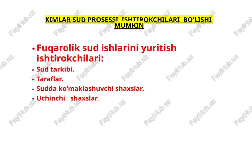 batlardan va olingan ish haqini yoki boshqa daromadni tasarruf etish bilan bogʻliq bitimlardan kelib chiqadigan ishlar boʻyicha voyaga etmaganlar sudda oʻz huquqlari va qonun bilan qoʻriqlanadigan manfaatlarini shaxsan himoya qilish huquqiga ega. bunday ishlarda voyaga etmaganlarga yordam berish uchun ularning ota-onalarini, ularni farzandlikka olganlarni yoki homiylarni jalb qilish toʻgʻrisidagi masala sud tomonidan hal qilinadi. oʻn olti yoshga toʻlgan voyaga etmagan shaxs qonunchilikda belgilangan tartibda muomalaga toʻla layoqatli deb e'lon qilingan (emansipasiya) taqdirda, sudda oʻz huquqlari va majburiyatlarini shaxsan amalga oshirishi mumkin. oʻn toʻrt yoshga toʻlmagan kichik yoshdagi bolalarning, shuningdek ruhiy holati buzilganligi tufayli muomalaga layoqasiz deb topilgan fuqarolarning huquqlari va qonun bilan qoʻriqlanadigan manfaatlarini sudda ularning qonuniy vakillari — ota-onalari, ularni farzandlikka olganlar yoki vasiylar himoya qiladi. fuqarolik prosessual huquqiy munosabat sub'ektlarining keyingi guruhini odil sudlovni amalga oshirishga koʻmaklashuvchi shaxslar tashkil etadi. guvohlar, ekspertlar, mutaxassislar, tarjimonlar, yozma va ashyoviy dalillarni saqlovchilar, ijro ishi yuritish xolislari va saqlovchilari odil sudlovni amalga …