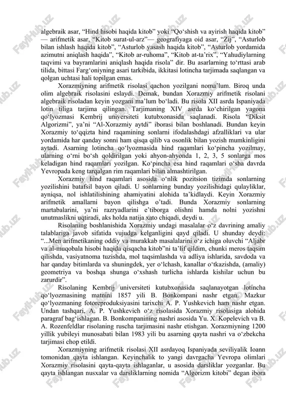 ng ash-shammosiya mahallasida, ikkinchisi damashq yaqinidagi kasiyun tog‘ida 831 yilda barpo etiladi. ikkala rasadxonaning ham faoliyatini o’rta osiyo va xurosondan kelgan olimlar boshqardi. xorazmiy bu ilmiy markazning mudiri sifatida uning faoliyatini kuzatib turdi. xorazmiy davrida “bayt ul-hikma”da ishlagan yirik tarjimonlar orasida hajjoj ibn yusuf ibn matar, abu zakariyo yuhanno ibn al-bitriq, hunayn ibn is’hoq va kusto ibn luqo al-ba’al-bakkiylar bor edi. bag‘dodga kelgan o‘rta osiyolik olimlar orasida mashhur astronom ahmad ibn kasir al-farg‘oniy (vafoti 816 yil)ning nomini eslatish lozim. marvlik yahyo ibn abu mansur bag‘dodning ash-shammosiya mahallasidagi rasadxonaning asoschisi va rahbari bo‘ldi. rasadxonadagi ishlar haqida u “bayt ul-hikma”ning mudiri xorazmiyga hisobot berib turardi. yahyo 831 yili vafot etganidan so‘ng xorazmiy bu rasadxonani ham boshqaradi va u yerdagi kuzatishlarda faol qatnashadi. yahyoning qalamiga mansub “zij al-mumtahan” (“sinalgan zij”) nomli astronomik asari ma’lum. damashq yaqinida kasiyun tog‘idagi rasadxonani xolid ibn abdumalik al-marvarrudiy boshqaradi. u ham o‘z “zij”ini tuzadi. xolid eron meridianining uzunligini …