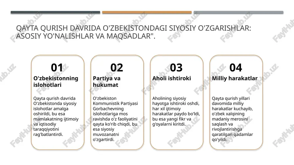 ni kamaytirish va demokratik jarayonlarni rivojlantirishga qaratilgan edi. 2 ijtimoiy qatlamlar ijtimoiy qatlamlar o'rtasida ijtimoiy adolat va tenglikni ta'minlashga intilish, yangi iqtisodiy va siyosiy sharoitlarda muhim ahamiyat kasb etdi. 3 o'zaro ta'sir siyosiy islohotlar bilan ijtimoiy qatlamlar o'rtasidagi aloqalar, ijtimoiy harakatlar va fuqarolik jamiyatining rivojlanishiga olib keldi. 4 milliy birlik o'zbekistonning turli ijtimoiy qatlamlari, siyosiy islohotlar fonida milliy birlikni mustahkamlash, o'zaro hurmat va hamkorlikni rivojlantirish uchun harakat qildilar. o'zbekistonda milliy identitet va ijtimoiy birlashuvning rivoji". milliy identitetni shakllantirish qayta qurish yillarida o'zbekistonda milliy identitetning shakllanishi, tarixiy va madaniy merosga qaytish orqali kuchaydi. bu jarayon xalq birligini ta'minladi. ijtimoiy birlashuv ijtimoiy birlashuv, milliy identitetni mustahkamlash uchun muhim ahamiyatga ega. mahalliy xalqlar o'rtasidagi hamkorlik va muloqot bu jarayonni rivojlantirdi. madaniy o'zgarishlar qayta qurish davrida madaniy o'zgarishlar milliy identitetni yangi talqinlar bilan boyitdi. san'at, adabiyot va musiqada yangiliklar xalq ruhiyatini ko'tardi. perestroika ta'sirida o'zbekistondagi ijtimoiy harakatlar va ularning natijalari". 1 ijtimoiy harakatlar qayta …