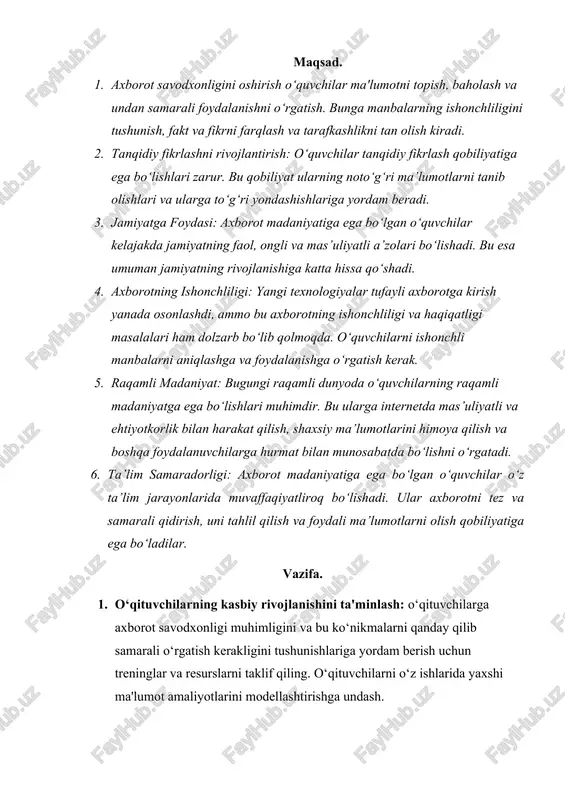 an to‘ldirilganligini ta’minlash. 3. ma'lumotlarni analiz qilish: ma'lumotlarni analiz qilish, maqsadlarga yo‘naltirilgan qarorlar olish, masalan, talabalarning o‘zlashtirilishi va o‘qish yutuqlarini o‘rganish uchun ma'lumotlarni o‘rganish uchun ma'lumotlarni qisqartirish 4. ota-onalar va jamiyatni jalb qilish: ota-onalar va mahalliy hamjamiyatni axborot savodxonligini oshirishga jalb qilish. ota-onalarga farzandlarining uyda o‘qishini qo‘llab-quvvatlashga yordam beradigan seminarlar va resurslarni taklif qiling. hamjamiyat a'zolarini o‘z tajribalari va tajribalarini talabalar bilan bo‘lishishga undash. muammo yuzasidan xorijiy tajribalarni o‘rganilganligi hindiston: teknologiya va internetga kirishni ta'minlash: o‘quvchilar uchun kompyuterlar, internet fursatlari va axborot texnologiyalari taqdim etish. bu, o‘quvchilarning axborotga oson kirishini va axborotlar bilan ishlashini ta'minlaydi. tarjima va ta'lim tilida axborotlar tahriri: o‘quvchilarga tarjima qilish, to‘plam tahriri va muntazam yozuvning ahamiyatini o‘rgatish. bu, ularning o‘z fikrlarini aniq ifodalash va axborotlarni to‘g'ri va nazariy ravishda ishlashini ta'minlaydi. singapur maktablarida, o‘quvchilar uchun yuqori darajada muvofiqlik yaratilgan, jumladan internetga kirish, kompyuterlar, planshetlar va boshqa axborot texnologiyalari boyicha resurslar ta'minlanadi. bu, o‘quvchilarning axborotlardan foydalanishini va …
