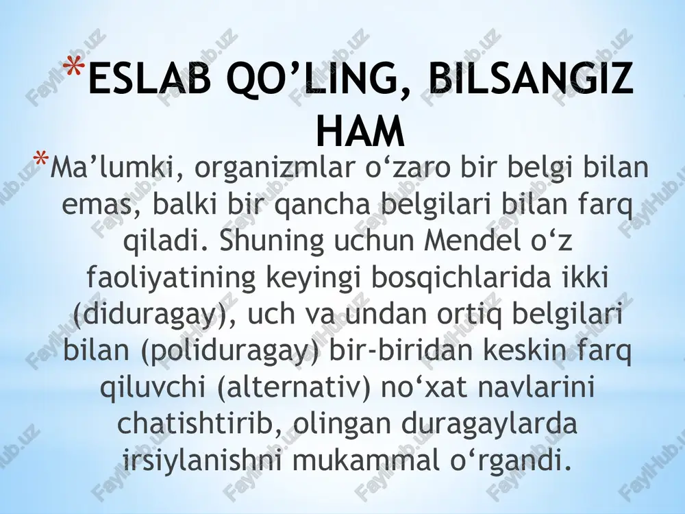 rprp) bo‘lgan. g.hirsutum l. turiga mansub g‘o‘za o'simliklarida barg plastinkasining shakli va o ‘simlik rangining irsiylanishi: 0l 0l – panjasimon qirqilgan barg; 0lol - panjasimon bo'lingan barg; olol- panjasimon kirtikli barg. rp rp - o'simlik antotsian (qizil) rangli; rp rp - o'simlik oraliq rangli; rp rp - o'simlik yashil rangli. image1.png image2.png image3.png image4.png image5.png image6.png image7.png /docprops/thumbnail.jpeg