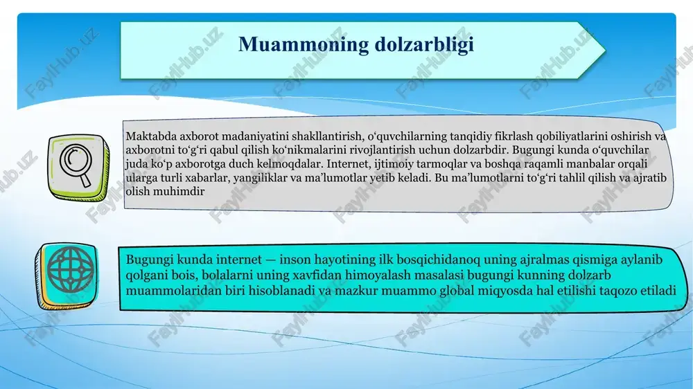 a’lim jarayonlarida muvaffaqiyatliroq bo‘lishadi. ular axborotni tez va samarali qidirish, uni tahlil qilish va foydali ma’lumotlarni olish qobiliyatiga ega bo‘ladilar. axborot savodxonligini oshirish o‘quvchilar ma'lumotni topish, baholash va undan samarali foydalanishni o‘rgatish. bunga manbalarning ishonchliligini tushunish, fakt va fikrni farqlash va tarafkashlikni tan olish kiradi maqsad o‘ qituvchilarning kasbiy rivojlanishini ta'minlash: o‘qituvchilarga axborot savodxonligi muhimligini va bu ko‘nikmalarni qanday qilib samarali o‘rgatish kerakligini tushunishlariga yordam berish uchun treninglar va resurslarni taklif qiling. o‘qituvchilarni o‘z ishlarida yaxshi ma'lumot amaliyotlarini modellashtirishga undash. axborotga boy muhit yaratish: sinf xonalari va umumiy maydonlar axborot savodxonligi tushunchalari va strategiyalarini targ‘ib qiluvchi plakatlar, infografika va e’lonlar taxtasi kabi axborot resurslari bilan to‘ldirilganligini ta’minlash. ma'lumotlarni analiz qilish: ma'lumotlarni analiz qilish, maqsadlarga yo‘naltirilgan qarorlar olish, masalan, talabalarning o‘zlashtirilishi va o‘qish yutuqlarini o‘rganish uchun ma'lumotlarni o‘rganish uchun ma'lumotlarni qisqartirish ota-onalar va jamiyatni jalb qilish: ota-onalar va mahalliy hamjamiyatni axborot savodxonligini oshirishga jalb qilish. ota-onalarga farzandlarining uyda o‘qishini qo‘llab-quvvatlashga yordam …