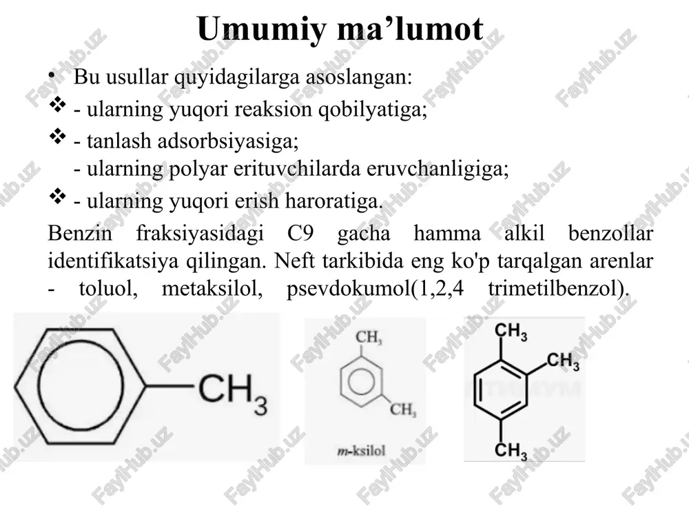 , u nitrat va sulfat kislotalaming o'zaro ta'sirlashuvi oqibatida hosil bo'ladi: sulfurlash reaksiyasida konsentrlangan h2so4 ning ionizatsiyasi elektrofil reagent so3 hosil bo'lishi bilan va u asosda so3h+ ni hosil bo'lishi bilan ketadi: kuchli kislotalar yoki lyuis kislotalari (fecl3,alcl3,sncl4 va boshqalar) ishtirokida galogenlanganda (+) zaryadlangan galogen ioni hosil bo'ladi: image1.png image2.png image3.png image4.png image5.png image6.png image7.png image8.png image9.png image10.png image11.png image12.png /docprops/thumbnail.jpeg