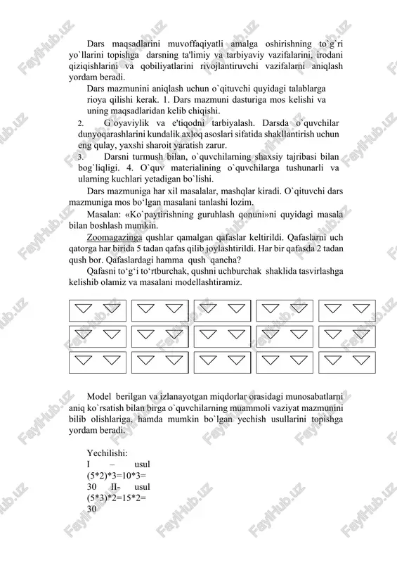 zish darsni aniq rejalashtirishga yordam beradi. texnologik xarita darslarning to`la ishlanmasidan iborat bo`lmay, balki, shu dars uchun majburiy bo`lgan asosiy bosqichlarini o`z ichiga oladi. 1. dars № vaqti. 2. mavzu: 3. maqsadi: 4. o`tilganlarni takrorlash, yangi mavzuni bayon qilishga tayyorlanish. 5. yangi materialni bayon qilish usuli. 6. mustahkamlovchi mashqlar tizimi. 7. mustaqil ish. 8. ko`rgazmali vositalar. 9. uyga vazifa. dars maqsadlarini muvoffaqiyatli amalga oshirishning to`g`ri yo`llarini topishga darsning ta'limiy va tarbiyaviy vazifalarini, irodani qiziqishlarini va qobiliyatlarini rivojlantiruvchi vazifalarni aniqlash yordam beradi. dars mazmunini aniqlash uchun o`qituvchi quyidagi talablarga rioya qilishi kerak. 1. dars mazmuni dasturiga mos kelishi va uning maqsadlaridan kelib chiqishi. 2. g`oyaviylik va e'tiqodni tarbiyalash. darsda o`quvchilar dunyoqarashlarini kundalik axloq asoslari sifatida shakllantirish uchun eng qulay, yaxshi sharoit yaratish zarur. 3. darsni turmush bilan, o`quvchilarning shaxsiy tajribasi bilan bog`liqligi. 4. o`quv materialining o`quvchilarga tushunarli va ularning kuchlari yetadigan bo`lishi. dars mazmuniga har xil masalalar, mashqlar kiradi. o`qituvchi dars …
