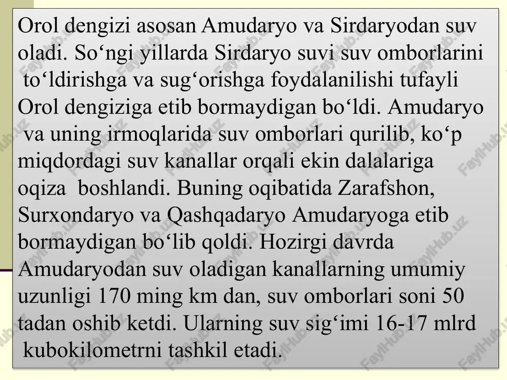 16,5 m atrofida o‘rtacha o‘zgarib turgan. havzasining kattaligi uchun dengiz deb atalgan. orol dengizi yuqori pliotsenda yer po‘stining egilgan yeridagi botiqda hosil bo‘lgan. tubining (g‘arbiy qismini relyefi hisobga olmaganda) tekis. havzasining maydoni 690 ming km2 maydoni orollari bilan o‘rtacha 68,0 ming km2 uzunligi 428 km eng keng joyi 235 km suvining hajmi 1000 km3 o‘tgan asrning 60-yillarigacha orol dengizi. 1- jadval orol dengizida juda ko‘p yarim orol va qo‘ltiqlar bo‘lgan. shimoliy qirg‘oqlarida eng katta qo‘ltiqlaridan chernishev, paskevich, sari-chig‘anoq, perovskiy, janubi.-sharqiy va sharqiy qirg‘oqlarida tushbas, ashshi-bas, oqsag‘a, suluv va boshqalari, amudaryo bilan sirdaryo quyiladigan joylarida aji-boy, tolliq, jiltirbas qo‘ltiqlari, qulonli va mo‘ynoq yirik yarim orollari bo‘lgan. orol dengizida qadimdan suv sathi goh ko‘tarilib, goh pasayib turgan. keyingi geologik davrda sariqamish va o‘zbo‘y orqali orol dengizi suvi vaqt-vaqti bilan kaspiyga quyilgan, suv sathi ancha baland bo‘lib, janub.va janubi-sharqidagi bir necha ming km2 maydonli sohil suv ostida bo‘lgan. orol dengizi unchalik chuqur emas. …