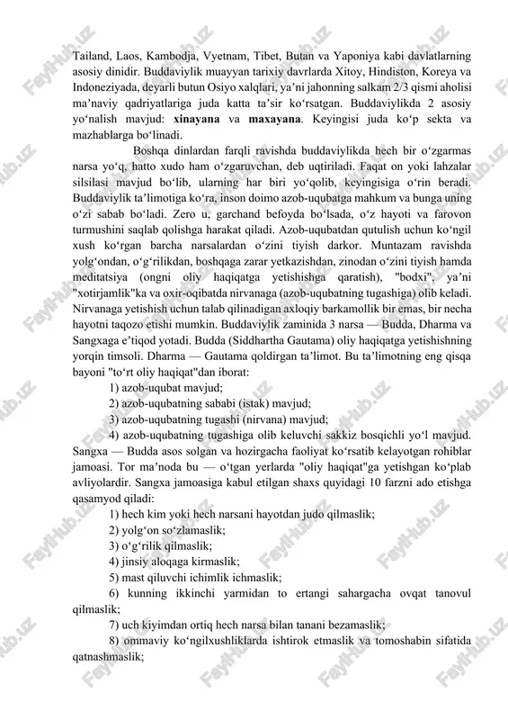 bo‘ladi, buddaning holati nirvanaga[footnoteref:1] qisqaroq yo‘l bilan erishadi. buyuk budda (shakyamuni) bilan bir qatorda qayta tug‘ilishlar zanjirining boshida turuvchi buddalar buddasi bo‘lgan adibudda mistik shaxsidan boshlab ko‘plab boshqa buddalar ham paydo bo‘ldi. bu buddalar ko‘p sonli bodxisatvalar qatori shaxslashtirilgan, o‘z nomi, qiyofasi, tarjimai holi, xizmat va vazifasiga ega bo‘lib, ulug‘lash va sig‘inish ob’ektiga aylanib qolgan. [1: nirvana – buddizm ta'limotiga ko'ra, hayot rohat-farog'atlaridan butunlay voz kechish yo'li bilan erishiladigan mutlaq osudalik holati.] bodxisatvalar o‘zlarida ko‘pgina yaxshiliklarni — sevgi, mehr-muruvvat, donolikni ifoda etganlar. budda diniga ko‘ra, har qanday inson bodxisatva bo‘lishi mumkin. muayyan talablarga rioya etgan kishi natijada budda bo‘lishi mumkin. buddizm sharqdagi eng yirik din hisoblanadi. budda dinining muvaffaqiyatga erishishiga sabab undagi insonlarning tengligi g‘oyasi, monarxning adolat bilan boshqarishi, sabrlilik, axloqning muqaddaslashtirilishi bo‘ldi. buddizm oqimlari. buddizm (budda nomidan olingan), buddaviylik — jahonda keng tarqalgan dinlardan biri (xristianlik va islom dini bilan birga). unga eʼtiqod qiluvchilar taxminan 500 mln.dan ortiq. miloddan …