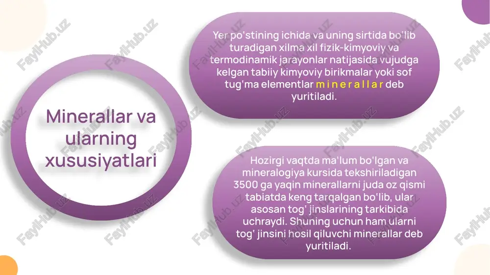 hosil bo‘lganlarini o r t o jinslar, cho‘kindilardan hosil bo‘lgani esa p a r a jinslar deb yuritiladi. tog‘ jinslari metamorfizmining sabablari: yuqori bosim; yuqori temperatura; moddalarni olib kelinishi va olib ketilishi. t.me/ng_uz/3456 geologiyada vaqt https://t.me/ng_uz/3017 image1.png image2.emf image3.png etalon minerallar qattiqligi xususiyatlari absolyut qattiqligi, kg/mm 2 talk mg 3 (oh) 2 (si 4 o 10 1 qo‘lga yog‘dek unnaydi 2,4 gips caso 4* 2h 2 o 2 tirnoq bilan chizsa bo‘ladi 36 kalsit caco 3 3 mis simni chizadi 109 flyuorit caf 2 4 mis sim va oynani chizmaydi 189 apatit ca 5 (po 4 ) 3 f,sl 5 oynani bilinmas chizadi 536 ortoklaz k(alsi 3 o 8 ) (dala shpati) 6 oynani chizadi 796,7 kvars sio 2 7 oynani oson chizadi 1120 topaz al 2 (f,oh)sio 4 8 oynani deyarli kesadi 1427 korund al 2 o 3 9 oynani kesadi 1660 olmos s 10 oynani osongina kesadi 2060 …