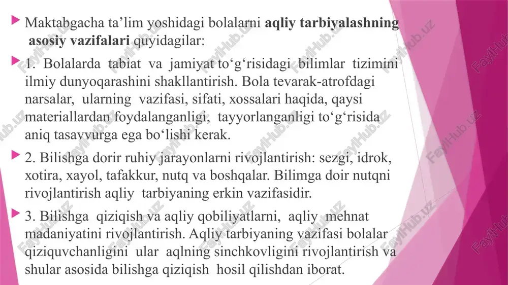 ch va o‘rta ta’lim ma‘nosini bildiradi. maktabga tayyorgarlik - bu bolaning rivojlanishining barcha jihatlarini qamrab o lishi kerak bo'lgan murakkab jarayon. bilim va rivojlanishga qiziqish uyg'otish uchun o'qitish shakllari va usullari qiziqarli va xilma - xil bo'lishi kerak. bolalar o'zlarini ishonchli va qulay his qilishlari uchun qulay va rag'batlantiruvchi ta’limiy muhit ni yaratish muhimdir. /docprops/thumbnail.jpeg