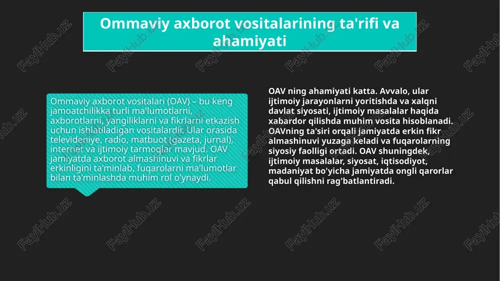 imoiy va iqtisodiy muammolarni keng jamoatchilikka etkazish orqali ular jamiyatda keng muhokama qilinadi va hal etish uchun zaruriy chora-tadbirlar ko'riladi. oav orqali davlat siyosati, qonunlar, jamiyatdagi o'zgarishlar va xalqaro voqealar haqida to'liq va aniq ma'lumotlar beriladi. bu esa fuqarolarning ma'lumotga asoslangan qarorlar qabul qilishiga yordam beradi. demokratik jarayonlarni rivojlantirish va mustahkamlash oav jamiyatdagi demokratik jarayonlarni qo'llab-quvvatlaydi. axborot erkinligi, erkin saylovlar, siyosiy partiyalar va jamoatchilikning fikrini bildirish huquqi kabi demokratik qadriyatlarni rivojlantirishda oav muhim vositadir. oav, shu bilan birga, hukumatning siyosatini va faoliyatini nazorat qilib, ularni javobgar qilishda ham yordam beradi. bu jamiyatda adolat va qonun ustuvorligini ta'minlashda ahamiyatli. shunday qilib, ommaviy axborot vositalari jamiyatda ijtimoiy, siyosiy va iqtisodiy o'zgarishlarni yoritishda, jamoatchilik fikrini shakllantirishda va demokratik qadriyatlarni rivojlantirishda muhim rol o'ynaydi. oav yordamida fuqarolar o'z huquqlarini anglashadi va ijtimoiy muammolarni hal qilishga faol ishtirok etadilar. xulosa qilib aytganda, ommaviy axborot vositalari jamiyatda ijtimoiy va siyosiy jarayonlarning rivojlanishida, demokratik qadriyatlarning mustahkamlashida va …