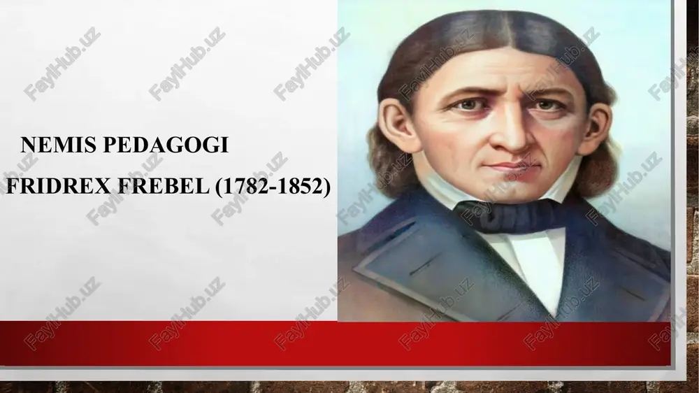 aklashadi hamda undan foydalanishda muayyan qoidalarni ko‘zda tutadi. frebel 6 nomdagi “tuhfalar”ni taklif etdi. koptok yog’och kub, shar va silindr 8 ta kubikka bo‘lingan kub 8 ta plitkaga bo’lingan kub 27 ta mayda kubiklarga bo’lingan kub 27 ta kubikka bo‘lingan kub bo‘lgan f.frebelning ulkan yutuqlari bilan birga, tarixdan ma’lumki, uning pedagogik yondashuvlari k.d.ushinskiy, e.a.flyorina, n.vodovozova kabi olimlar tomonidan tanqid qilingan. shunga qaramay, f.frebel fanga katta hissa qo‘shgan, zero u nazariya va amaliyotni birlashtirdi, uning maqsadi - bolaning ijodiy salohiyatini namoyon bolishiga ko‘maklashadigan sharoitni ta’minlovchi muhitni yaratish boigan. ayni paytda bu bolada noan’anaviy ijodiy fikrlash qobiliyatini, fantaziyani rivojlantiradi, masalalani hal etishga noan’anaviy yondashuvni shakllantiradi. maktabgacha ta’lim sohasi vujudga kelishida 1918-yiida fridrix frebel kursi qoshida petrograd maktabgacha ta'lim in- stitutining tashkil etilishi muhim voqea bo’ldi. bu ta’lim maskanida maktabgacha ta'lim bo'yicha mutaxassis kadrlar tayyorlangan, shu bilan bir qatorda ilmiy-tadqiqot ishlari olib borilgan. 1919-yilda xalq maorifi komisariyati tomonidan "maktabgacha ta'lim" bo'yicha butun ittifoq …