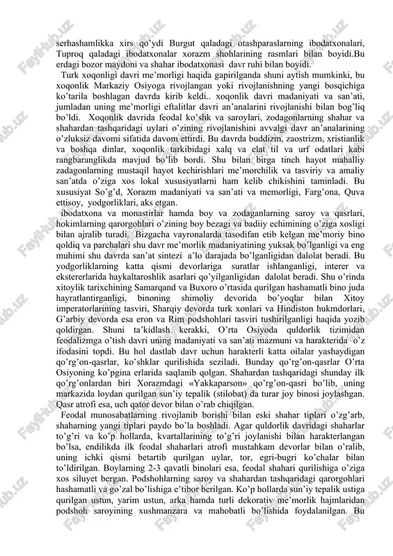 nt shakllari deyarli muomiladan chiqdi, yoki butunlay qayta ishlandi, ko’rinishi yangilandi. toshkentdagi yunusobod oktepasi ilk o’rta asrlarda shahar atrofida qad ko’targan qasrlardan bo’lib arablar yurshidan keyin o’z umrini tugalagan. bu feodal qo’rg’on mamuriy-markaz hamda oziq-ovqat, qurol-yarog saqlanadigan ombor vazifasini bajargan. bu erda zardushtiylik dini bilan bog’liq ibodatxona ham mavjud bo’lgan. oq tepa qo’rg’on qasri ham suniy tepalikka qurilgan, uning qalin devori pishiq va sodda bezaksiz bo’lgan. xorazmdagi teshik qal’a ko’shki ham tuproq uyumli tepalikka qurilgan. lekin uning mudofaasi devorlari o’ziga xos gofrli bo’lgan tashqi parzodida bulardan tashqari perspektivali arkalar, pardoz shinak va devor yuqori qismi friz bilan pardozlangan. buxorxudotlarning (hokimlarning) buxoro yaqinidagi varaxsha saroyi ilk feodalizm davri ko’shk memorchiligining ulug’vor ko’inishdir. sun’iy tepalik ustiga qurilgan bu saroy tashqi devorlari gofrli ko’rinishda, hamda devorning yuqori tomonidagi boy frizga egadir. saroy darvozalari ham tantanavor ruhda katta shakllarda ishlangan. devor tepasi uch tishli plitasimon polmetkalar bilan ishlab chiqilgan, devorlari razetkalar bilan bezatilgan, saroyning …