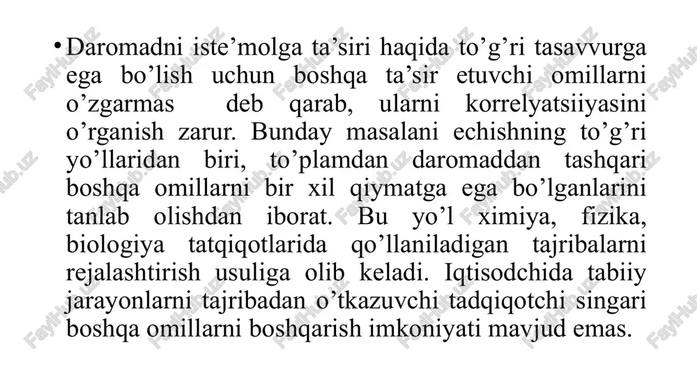 oq sifatli oziq-ovqat mahsulotlarini sotib olishga imkoniyatga ega bo‘lishadi, bu esa ularning oziq-ovqat mahsulotlariga sarflanadigan xarajatlarini oshiradi. aksincha, daromadi past bo‘lgan oilalar, odatda, arzonroq oziq-ovqat mahsulotlariga o‘tishga majbur bo‘lishadi va bu ularda oziq-ovqatga sarflanadigan xarajatlarni kamaytiradi. oziq-ovqat mahsulotlarining narxlari: oziq-ovqat mahsulotlari narxlarining o'zgarishi ham oilaning oziq-ovqat xarajatlariga ta'sir ko'rsatadi. agar narxlar oshsa, oilalar mahsulotlarning miqdorini kamaytirishga yoki arzonroq variantlarga o‘tishga harakat qilishadi. sog'liqni saqlash va oziqlanish madaniyati: oila a'zolarining sog'lig'iga e'tibor berilishi ham oziq-ovqat xarajatlariga ta'sir qilishi mumkin. masalan, sog'lom ovqatlanishni tanlagan oilalar ko'proq yangi meva-sabzavotlar va yuqori sifatli mahsulotlarga sarflashadi, bu esa xarajatlarni oshiradi. mintaqaviy farqlar: o'zbekistonning turli mintaqalarida oziq-ovqat narxlari va yashash sharoitlari o'zgacha bo'lishi mumkin, bu ham oilaning oziq-ovqat xarajatlariga ta'sir qiladi. ijtimoiy omillar: oila tarkibi, ya'ni bolalar soni, yoshi kattalar yoki nogironlar mavjudligi ham oziq-ovqat mahsulotlariga sarflanadigan xarajatlarni o'zgartiradi. kattaroq oilalar yoki maxsus ehtiyojlari bo‘lgan oilalar oziq-ovqat uchun ko‘proq mablag‘ sarflashi mumkin. shunday qilib, oilaning oziq-ovqat …
