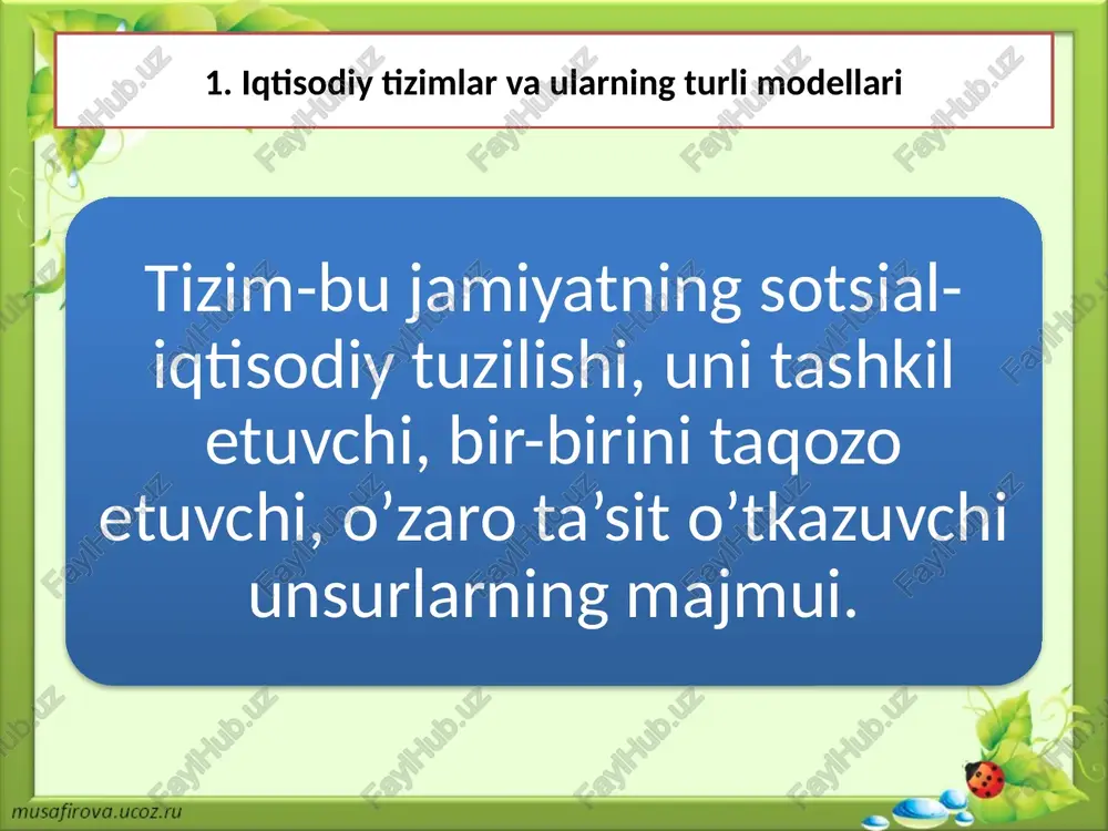 o’l bilan hosil bo’ladi: 1) xususiy mol-mulkning milliylashtirilib, davlatning ixtiyoriga o’tkazilishi; 2) davlat mablag’lari hisobidan korxonalar qurish, davlatga qarashli korxona va tashkilotlarda investitsiyalarni amalga oshirish. 13 o’zbekistonda mulkni davlat tasarrufidan chiqarish va xususiylashtirish maqsadi, yo’llari va usullari davlat tasarrufidan chiqarish – davlat korxonalarini va tashkilotlarini jamoa, ijara korxonalariga, aktsiyali jamiyatlarga, mas’uliyati cheklangan jamiyatlarga, davlatga qarashli mulk bo’lmaydigan boshqa korxonalar va tashkilotlarga aylantirishdir. xususiylashtirish – fuqarolarning va davlatga taalluqli bo’lmagan yuridik shaxslarning davlat mulki ob’ektlarini yoki davlat aktsiyali jamiyatlarining aktsiyalarini davlatdan sotib olishidir 14 xususiylashtirish - davlat mulkiga egalik huquqining davlatdan xususiy shaxslarga o’tishidir. mulkni davlat tasarrufidan chiqarish bir qator yo’llar bilan amalga oshiriladi: davlat korxonalarini aktsiyadorlik jamiyatiga aylantirish , davlat korxonasini sotib, uni jamoa mulkiga aylantirish; mulkni qiymatga qarab chiqarilgan cheklar (vaucher) bo’yicha fuqarolarga bepul berish; mulkni ayrim tadbirkor va ish boshqaruvchilarga sotish; ayrim davlat korxonalarini chet el firma va fuqarolariga sotish yoki qarz hisobiga berish; davlat mol-mulkini auktsionlarda kim …