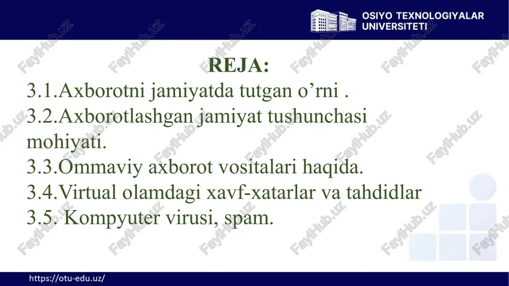 165 jurnaldan 2 tasi xususiy sektorga tegishlidir 3.3.ommaviy axborot vositalari haqida. 11 ommaviy axborot vositalari eng asosiy, qudratli va ta’sirchan mafkura vositasi ekenligi, oxirgi paytlarda informatsion hurujlarning tez-tez uyushtirilayotgani aslida urushga munosabatning o’zgarganligidan, qurolning yangi turi kashf qilinganidan darak beradi. bu qurol axborotdir. bunday qurol yordamida olib boriladigan informatsion urushlarda insonning ongi va qalbi nishonga olinishi, internetdan foydalanish, bugungi kunda dunyoda terroristlar foydalangan internet saytlar to’satdan paydo bo’lishi, axborot xurujlari hamda ularga qarshi kurashish yo’llari haqida. 3.3.ommaviy axborot vositalari haqida. xavf-xatarlar — ularning tarmoqda uchta asosiy turi mavjud: kontent xavfi — yosh avlodning ax­loqiy va ma’naviy tarbiyasiga salbiy ta’sir etuvchi (matnlar, tasvirlar, audio, video­fayllar, havolalar) noqonuniy, axloqsiz va zararli bo’lgan turli axborotlarning (zo’ra­vonlik, yovuzlik, hayosizlik, odob-axloq me’yorlariga zid so’zlashuv, irqiy, diniy va millatlararo nizolarni keltirib chiqaruvchi, terrorizm va diniy ekstremizm, narkotik va psixotrop moddalar targ’iboti, joniga qasb qilish, taqiqlangan o’yinlar) internet tar­mog’ida doim mavjud. 3.4.virtual olamdagi xavf-xatarlar va tahdidlar kommunikatsion …